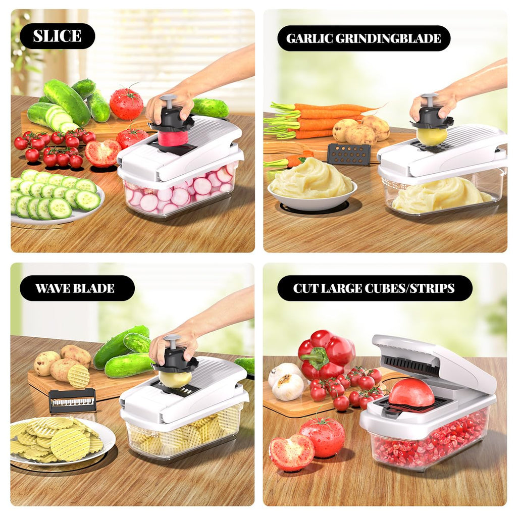 Chkout Vegetable Chopper with Container, 13-in-1 Mandoline Slicer Dicer & Spiralizer, Onion Veggie Chopper, Potato Fry Cutter, Manual Food Chopper, Kitchen Tools Gadgets, Stainless Steel Blades