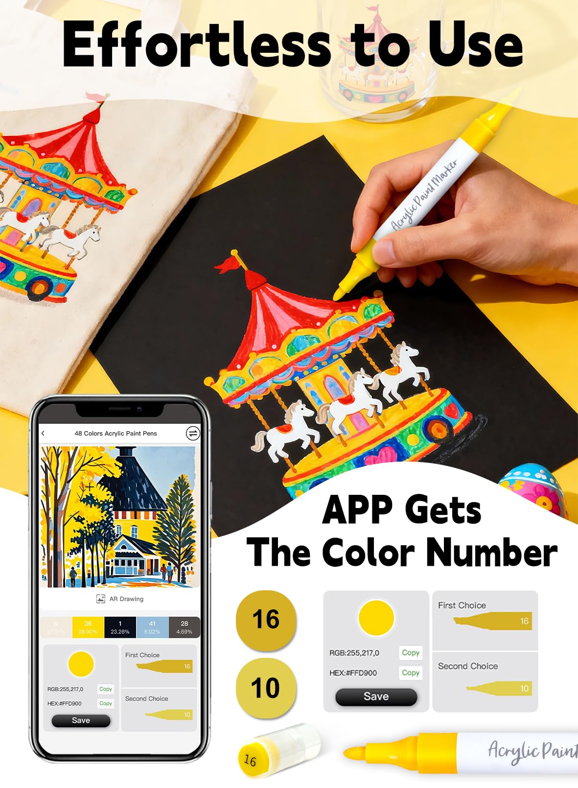 Fnooota 48 Colors Acrylic Paint Pens with Free App, Dual Tip Acrylic Paint Markers with Brush Tip and Fine Tip for Adults, Eggs, Wood, Rock, Canvas, Plastic, Stone, Glass, Ceramic