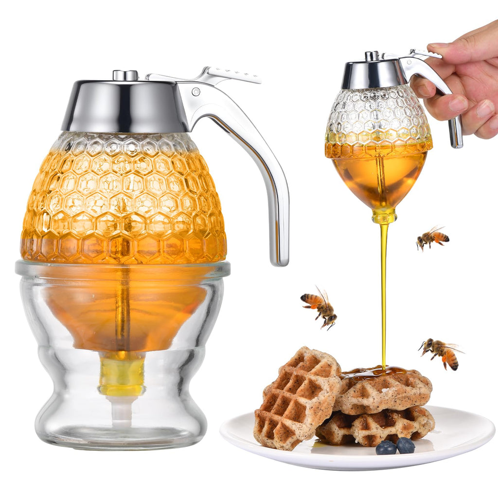 Honey Dispenser, 8oz Hunnibi Honey Container Dispenser No Drip Glass With Stand, Bee Container & Coffee Syrup Jar For Tea Time & Gifting, Elegant Comb Pot Bottle For Maple Syrup Bee