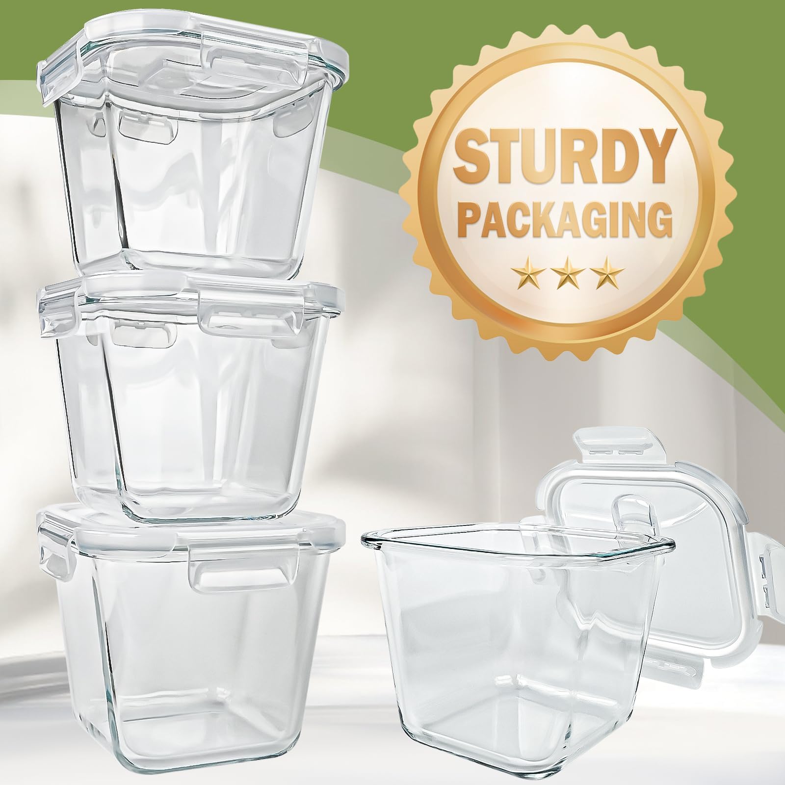 Soup Containers with Lids Glass 32 oz, 4 Cup Borosilicate Glass Food Storage Containers, Microwave & Freezer Safe Jars, Small Square Meal Prep Bowl for Salad, Fruit, Lunch,Travel,Ice Cream,4 Pack