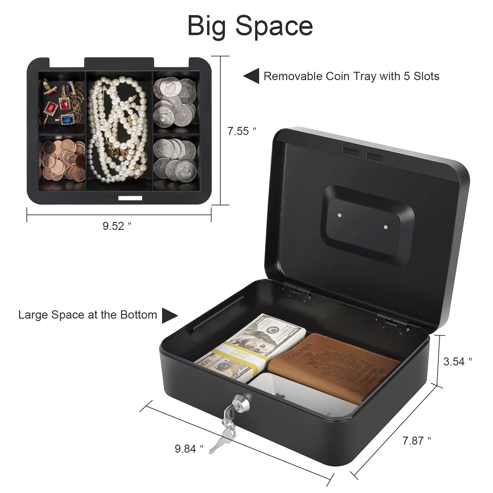 Cash Box with Lock and Money Tray Metal Money Box for Cash Lock Box for Money Safe 9.84" x 7.87" x 3.54" Large Black