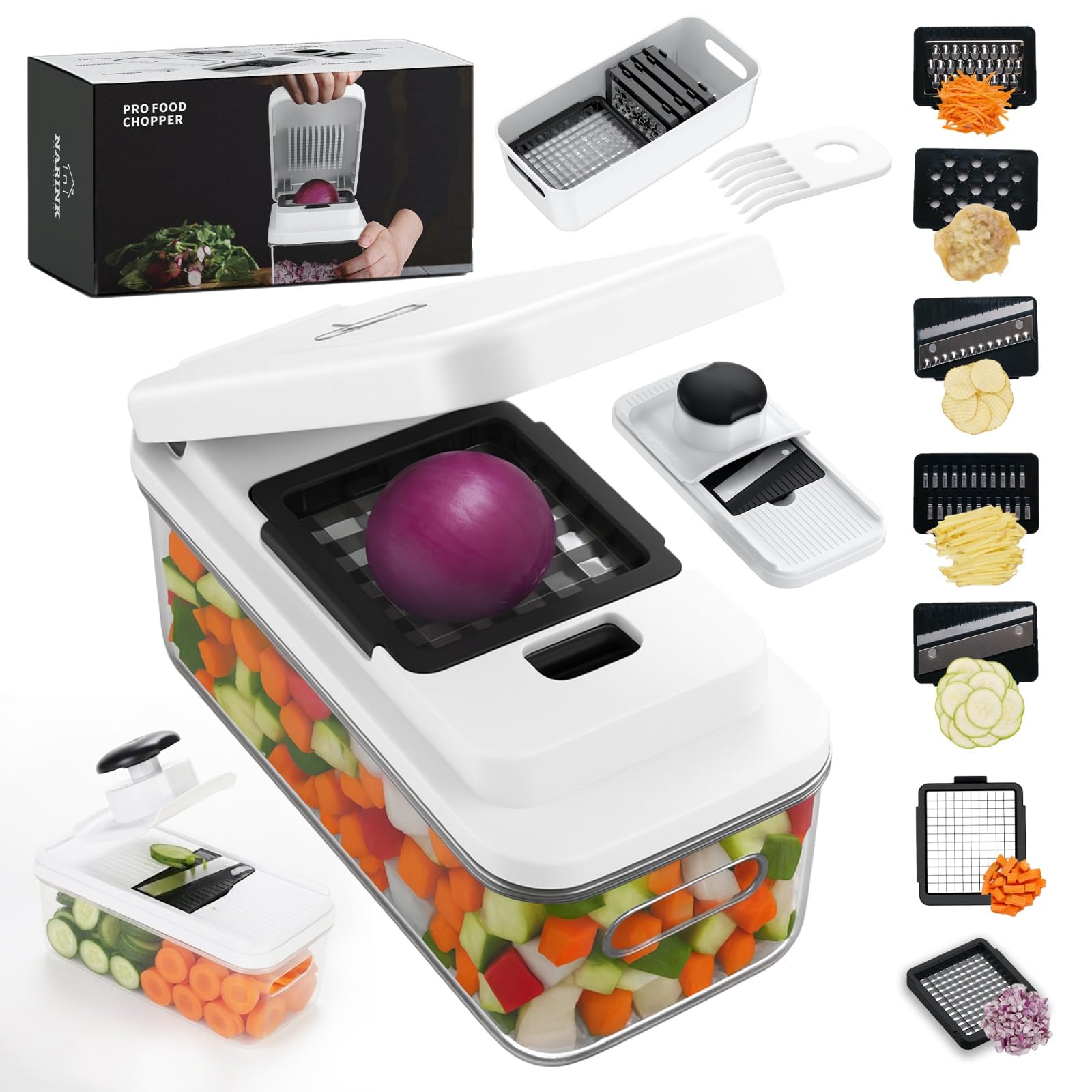 NARINK Vegetable Chopper Veggie Cutter Mandoline Slicer 9 in1 Efficient Kitchen Gadget- Salad Chopper- Onion Chopper-Food Chopper- French Fry Cutter- Salad Cutter with Drain Basket and Storage Lid