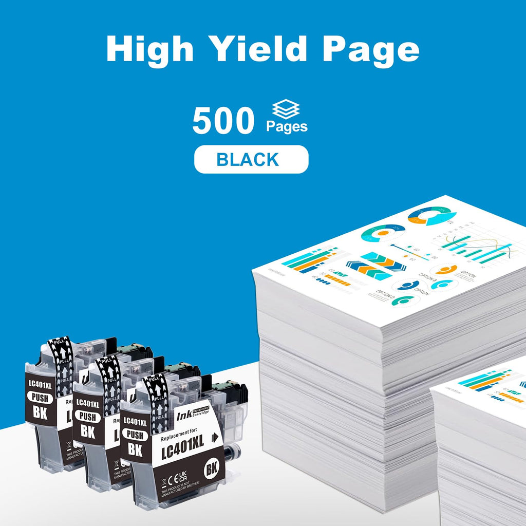 LC401XL BK Black Ink Cartridges High Yield Replacement for Brother LC 401XL LC-401 Ink Use with Brother MFC-J1010DW MFC-J1012DW MFC-J1170DW Printer (3X 401XLBK)