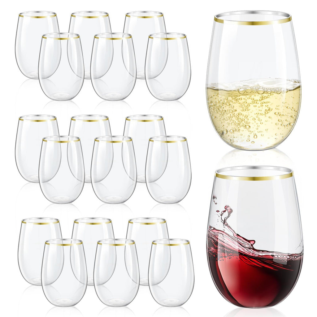 20 Pack Plastic Stemless Wine Glasses, 16 OZ Plastic Wine Glasses Disposable Unbreakable Plastic Wine Cups Reusable Clear Acrylic Drinking Party Glass Bulk Shatterproof for Champagne Wedding(Gold Rim)