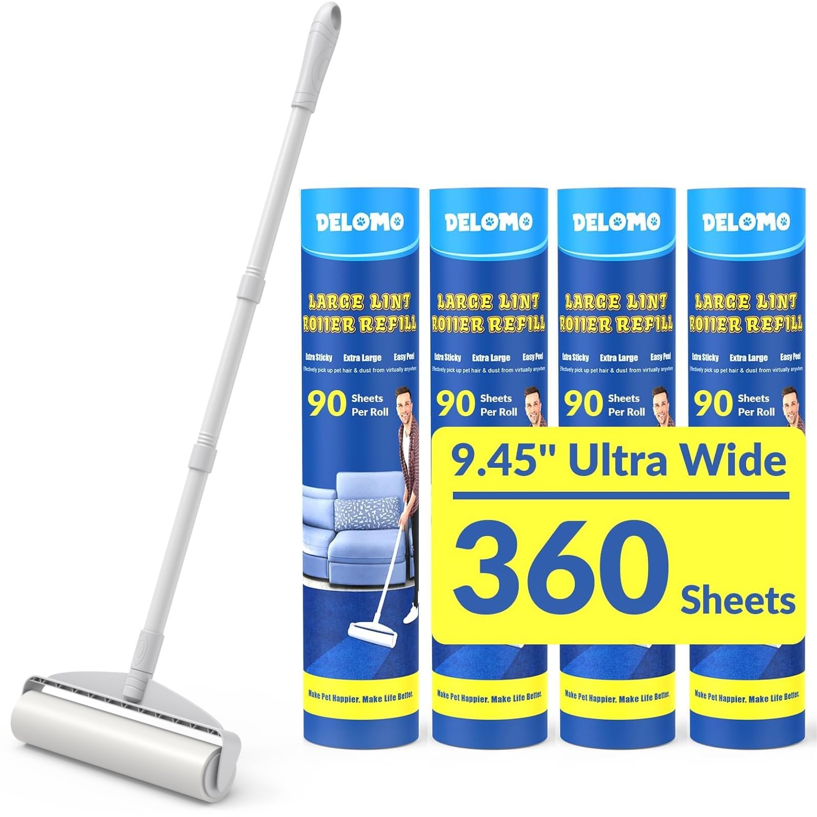 Large Lint Rollers for Carpet, Sticky Rollers for Floor DELOMO 9.45 in with 3 Extendable Handle, Long Handle Sticky Mop for Cleaning Carpets, Cars, Bedding, and Pet Hair, Ideal Gift for Pet Owners