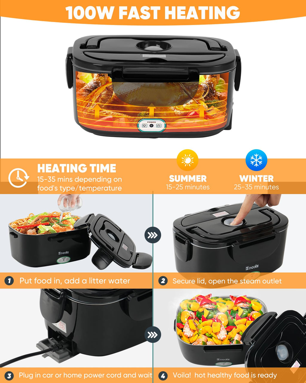 Electric Lunch Box Food Heater - 100W Fast Heating Lunch Box 12V/24V/110-230V Warming Lunchbox, Dual 1.5L Containers, Portable Food Warmer for Car/Truck/Travel, with Spork & Insulated Carry Bag
