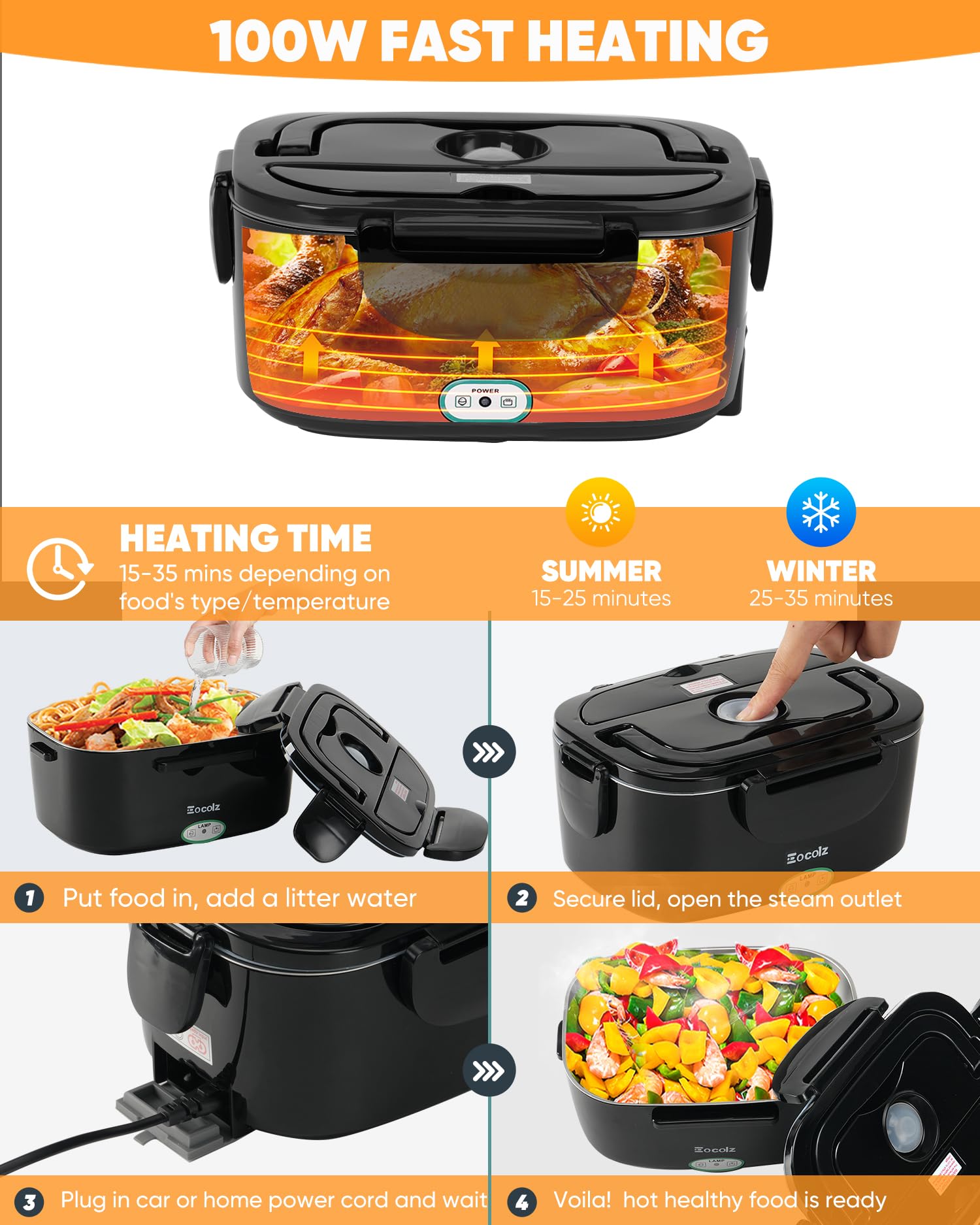 Electric Lunch Box Food Heater - 100W Fast Heating Lunch Box 12V/24V/110-230V Warming Lunchbox, Dual 1.5L Containers, Portable Food Warmer for Car/Truck/Travel, with Spork & Insulated Carry Bag