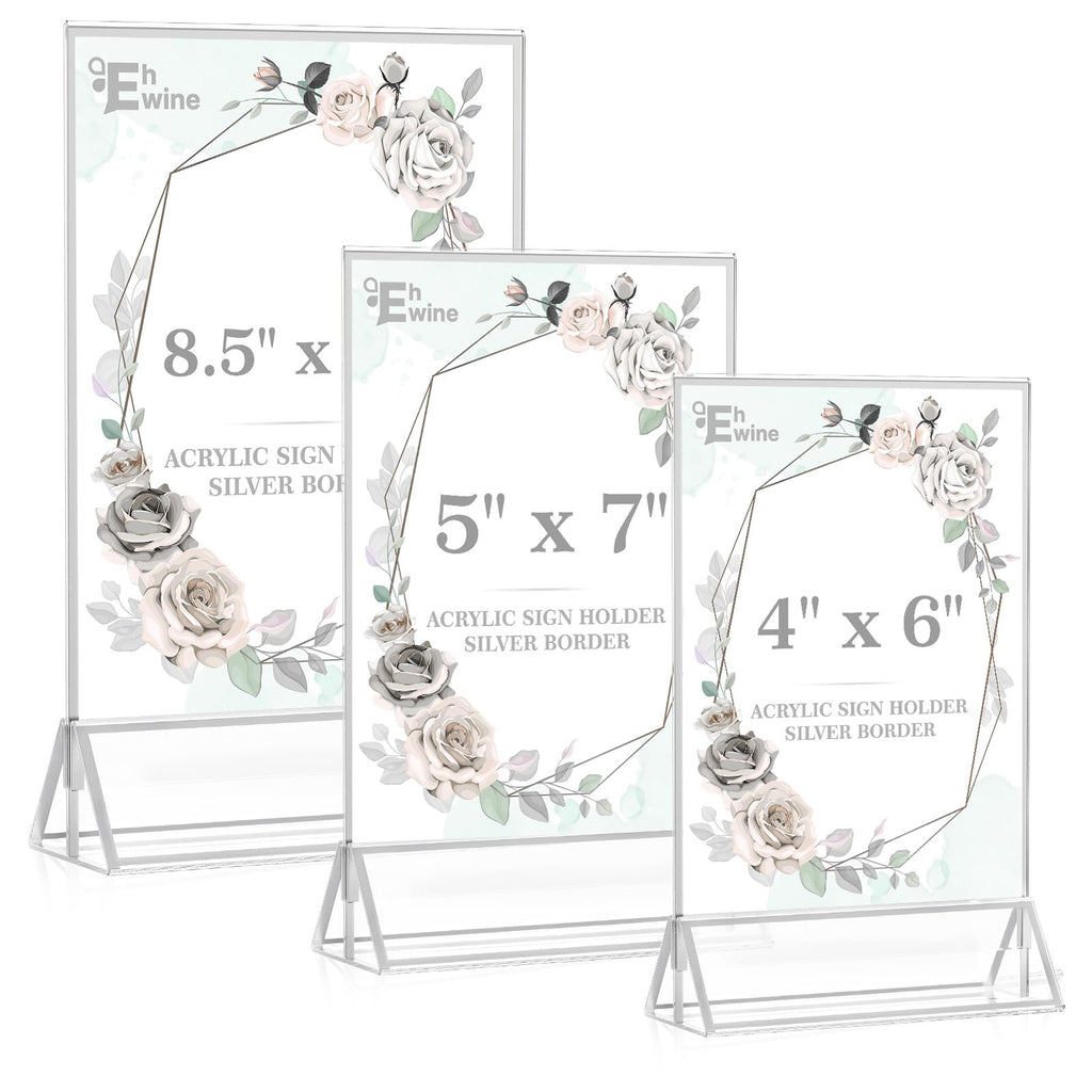 EHWINE 12 Pack Acrylic Sign Holder 4 x 6, Double Sided Silver Picture Frame Stand up Table Top Sign Holders, Clear Display Stand Menu Flyer Holder for Wedding Party(Provide Non-slip Mats)