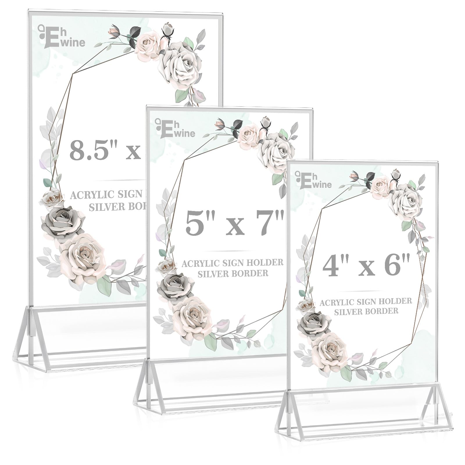 EHWINE 12 Pack Acrylic Sign Holder 4 x 6, Double Sided Silver Picture Frame Stand up Table Top Sign Holders, Clear Display Stand Menu Flyer Holder for Wedding Party(Provide Non-slip Mats)