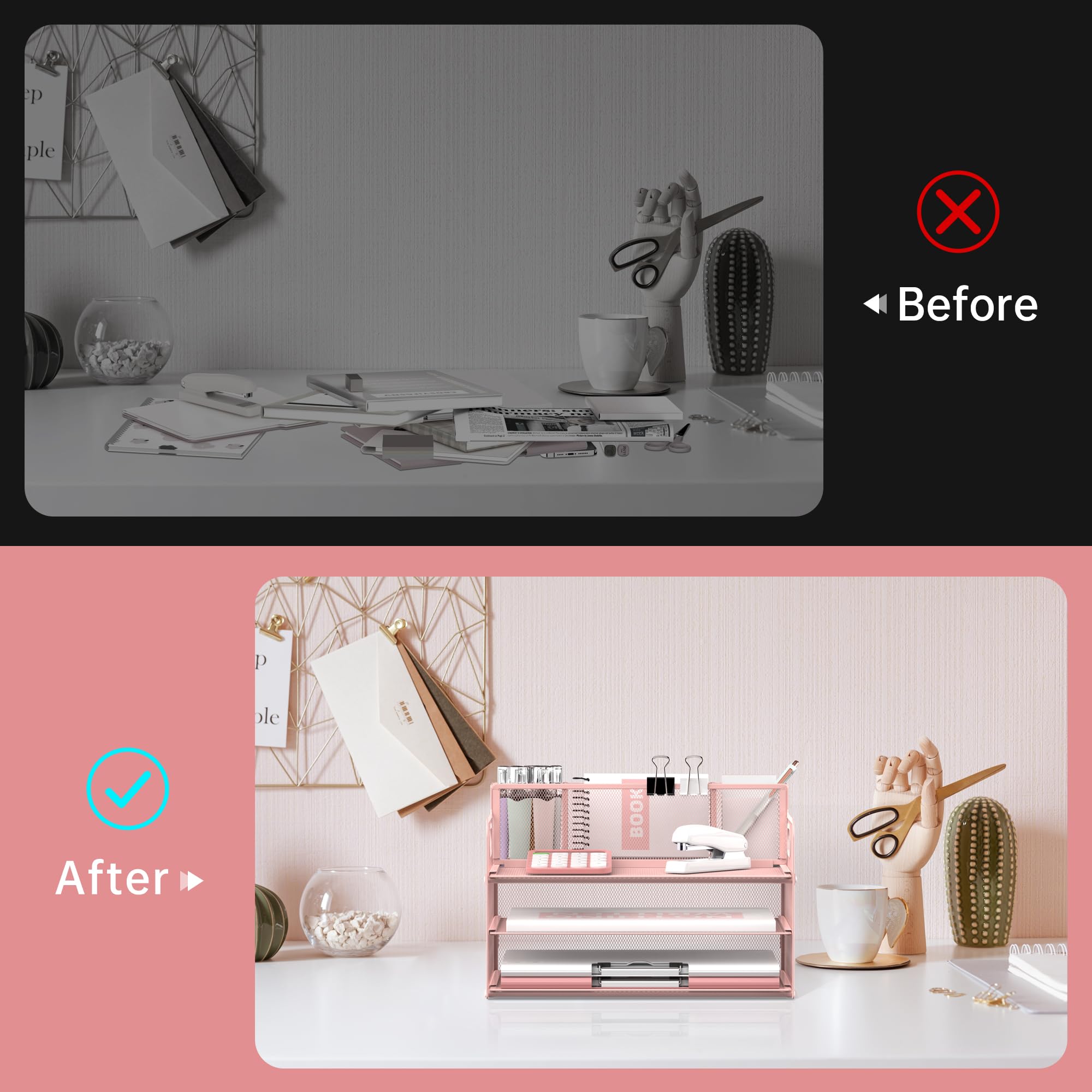 SUPEASY 3 Tier Desk Organizer with Handle & 3 Pen Holders, Mesh Paper/File Organizer for Desk, Paper Letter Tray Organizer for Office Supplies (Pink)