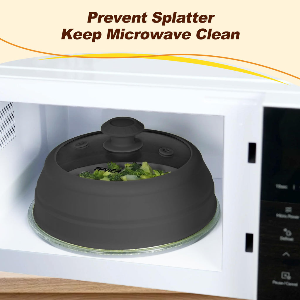 Microwave Splatter cover, Glass Microwave Cover for Food, Guard Lid with Collapsible Silicone for 6-8 inch Plates & Bowls, Dishwasher Safe, Heat Resistant, BPA-Free, 9 inch Black