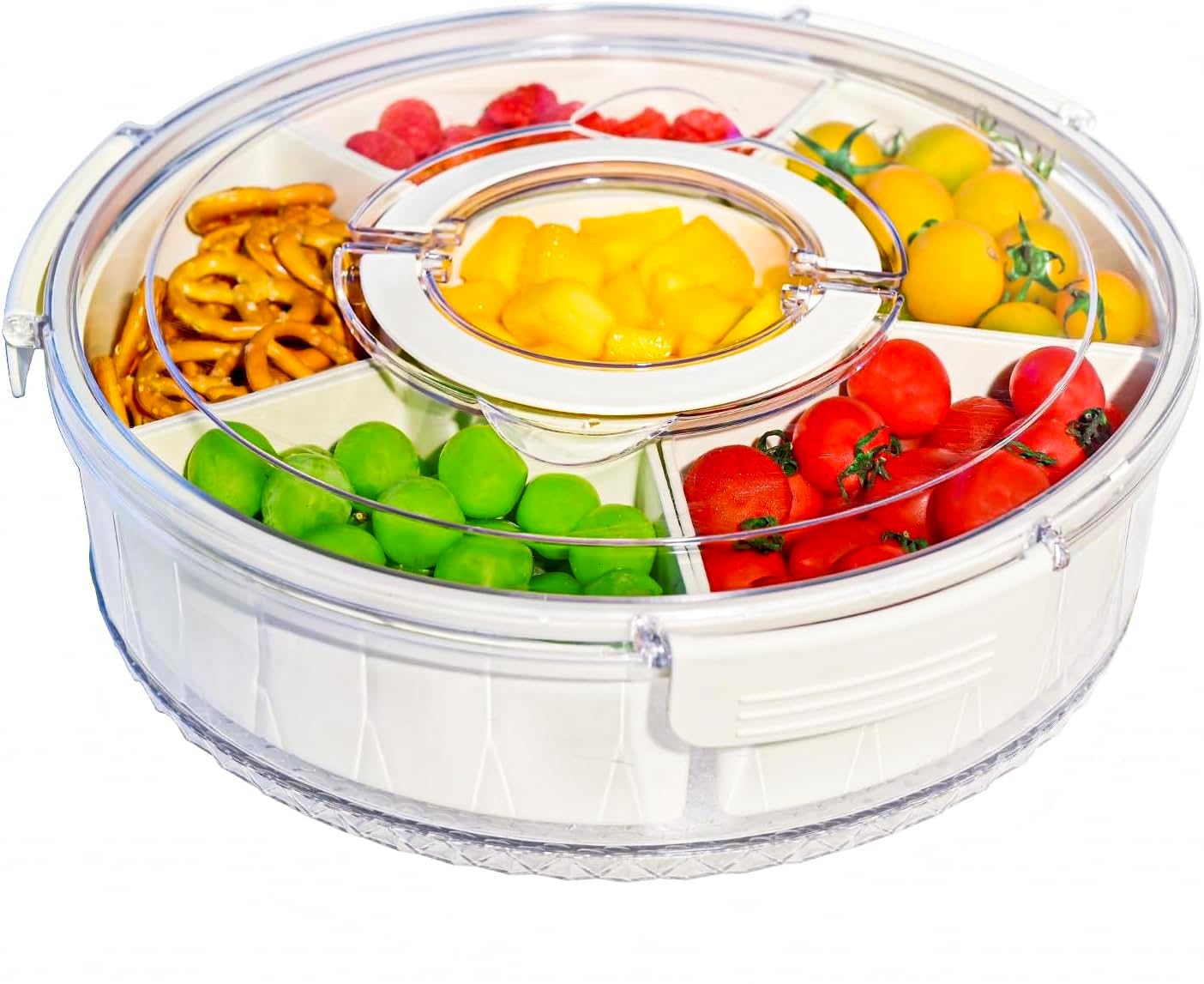 Snackle Box Container, Divided Serving Tray 360° Rotatable with Lid and Handle, Platter Round Portable Storage Organizer for Fruit, Candy, Veggie, Nuts, Spices& Snacks, Perfect for Party or Travel