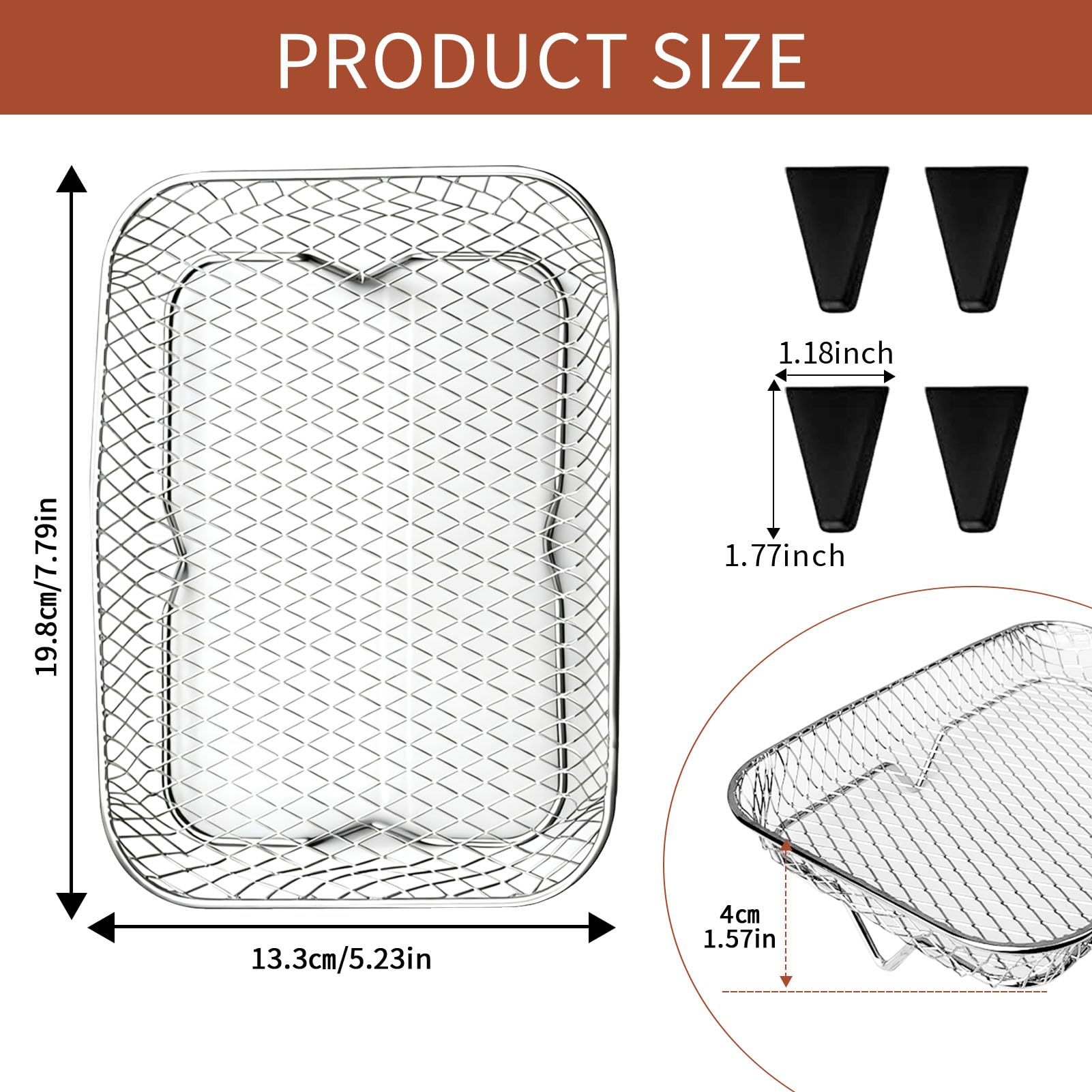GWYXC 3-Tier Air Fryer Baskets, 7.79×5.23" Stackable Stainless Steel Racks for Ninja Foodi Dual Zone DZ071 DZ090 DZ201 DZ302 DZ401 DZ550 SL401, Rectangular Air Fryer Accessories with Silicone Feet