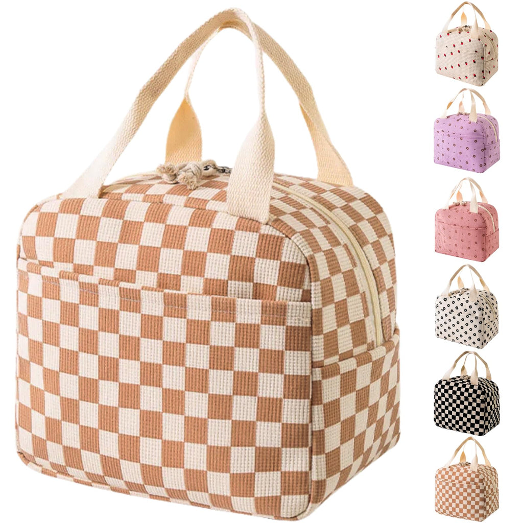 Lunch Bags for Women Reusable - Large Insulated Lunch Box Lightweight Tote for Work, Travel, Beach & Daily Use, Coffee - Chequered