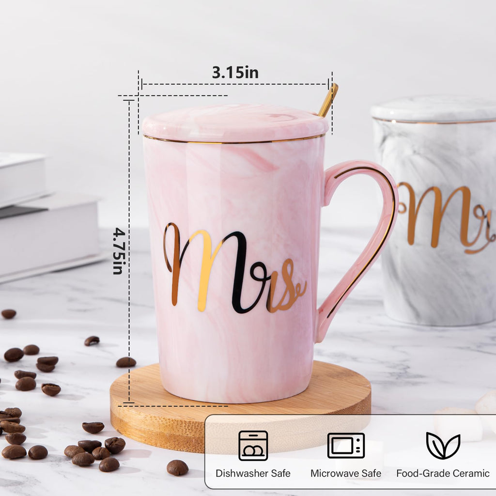 Mr and Mrs Coffee Mug - Wedding Present for Bride and Groom - Bridal Shower Engagement - Married Couples Marble Ceramic Coffee Cups 14oz