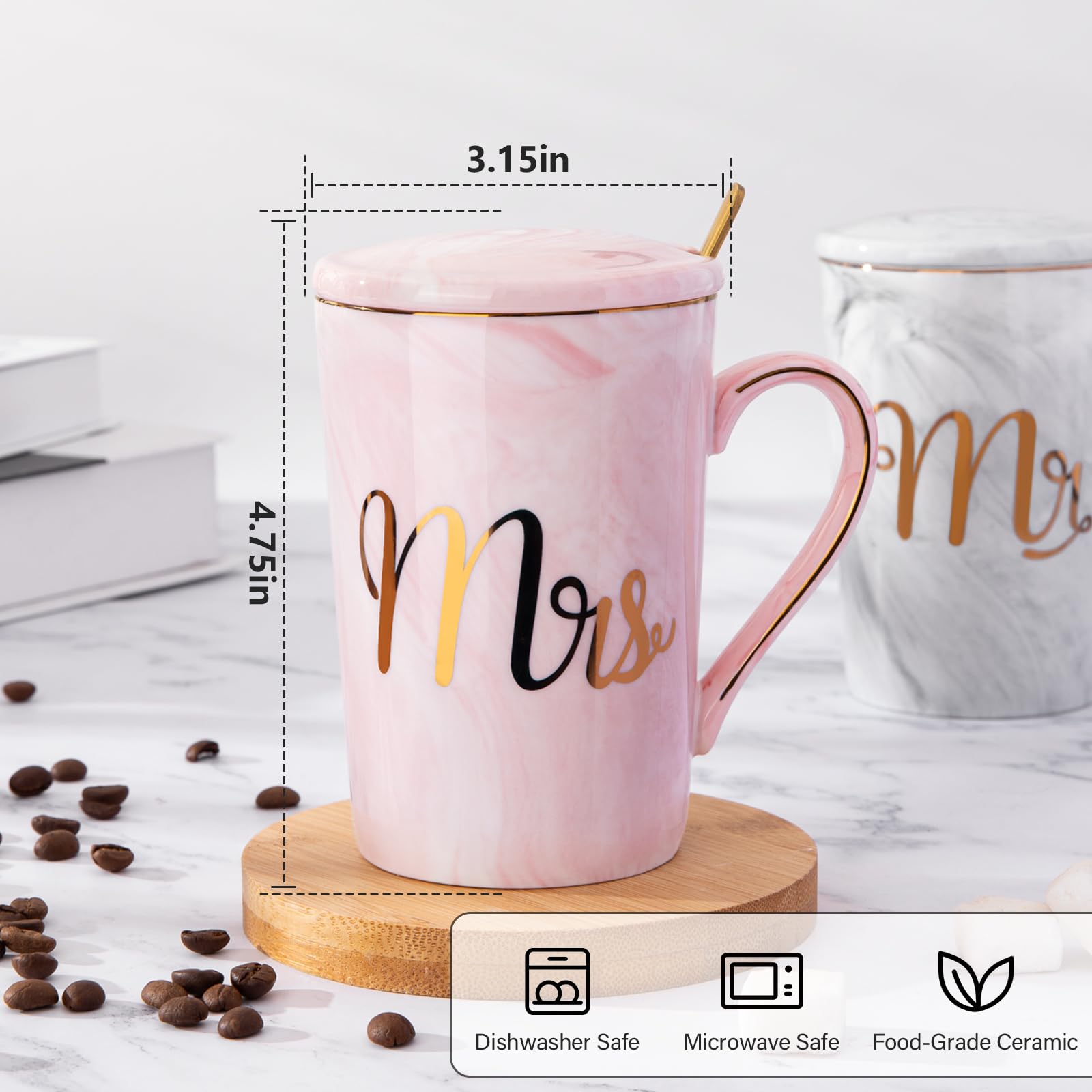 Mr and Mrs Coffee Mug - Wedding Present for Bride and Groom - Bridal Shower Engagement - Married Couples Marble Ceramic Coffee Cups 14oz