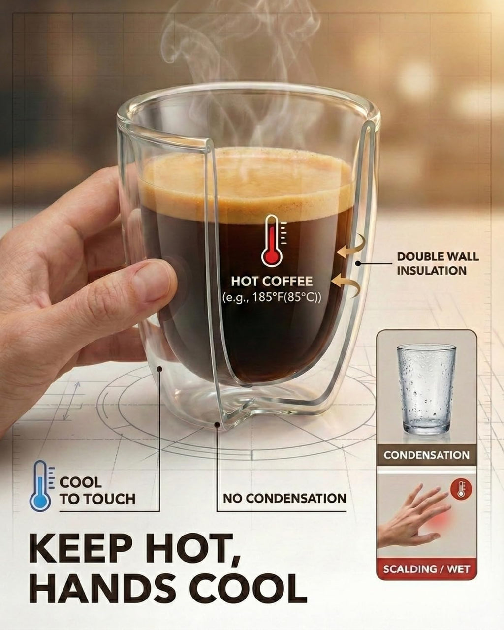 5oz / 150ml Double Walled Espresso Cups, Set of 4 - Glass Coffee Mugs for Cortado, Lungo & Nespresso - Clear Thermal Insulated Demitasse for Cappuccino & Latte - Modern Tasse à Café