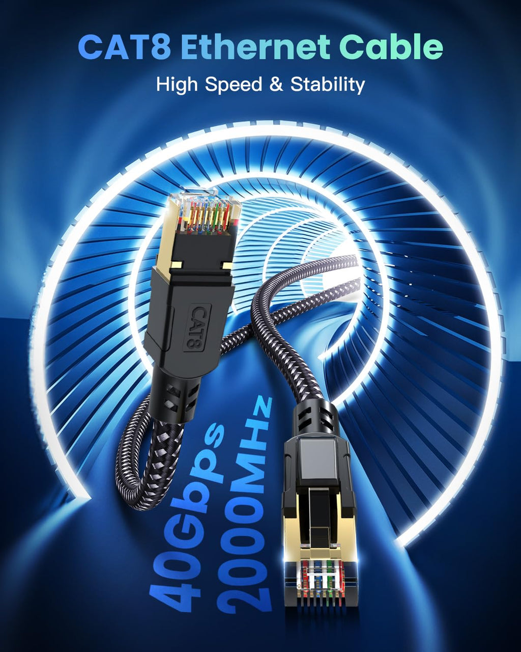 Cat 8 Ethernet Cable 25FT, BUSOHE 40Gbps 2000Mhz High Speed Braided Network Internet Cable with Gold Plated RJ45 Connector, Heavy Duty Patch Cord LAN Cable 15 Clips,S/FTP Indoor for Router/Gaming/PC