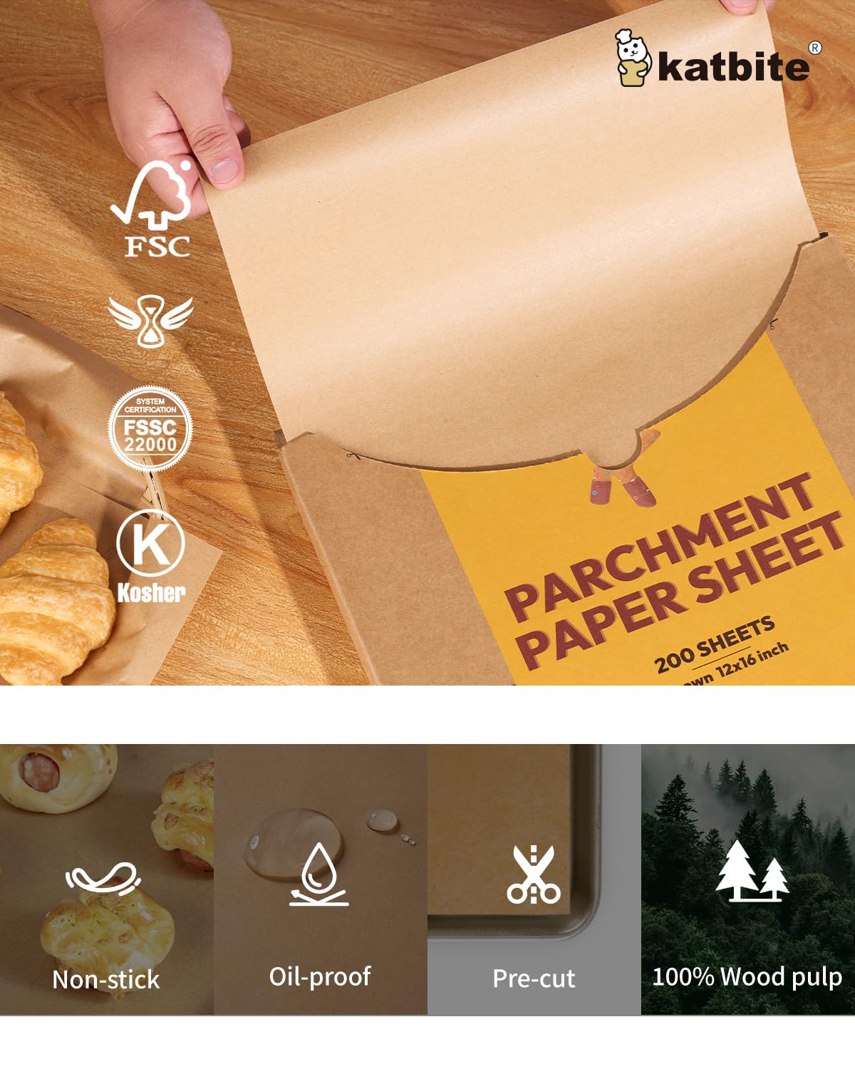 Katbite 200pcs Unbleached Parchment Paper Sheets 12x16 inch (9x13 Optional) Heavy Duty, Baking Paper Parchment for Cookies, Bread, Meat, Pizza