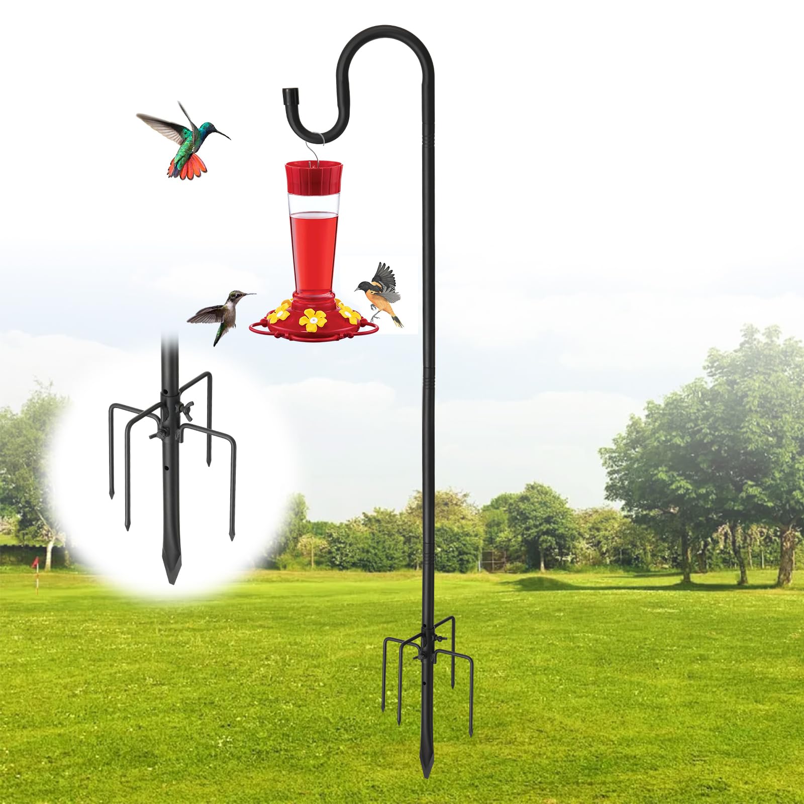 Shepherd Hooks for Outdoor - 62 Inch High, 5/6 Inch Rod Diameter, 5 Prong Base Adjustable Shepherd Hooks, Heavy Duty Feeder Pole for Hanging Flower Baskets Lantern Lights Wind Chime