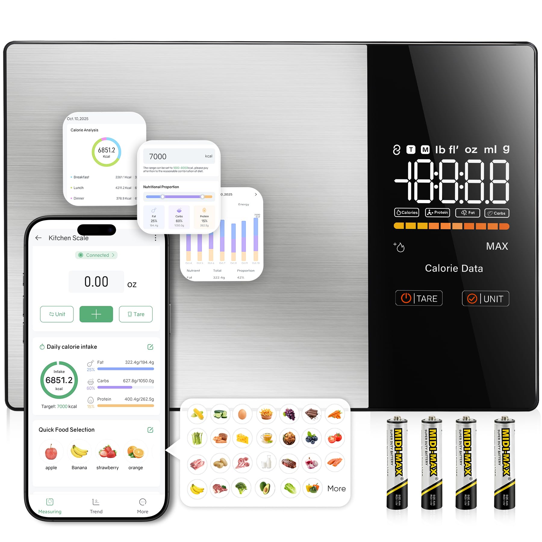 Smart Nutrition Food Scale for Cooking,1g Precision Digital Kitchen Scale with Nutritional Calculator app Tracking Calories, Fat, 23 Nutrients for Diet Cooking & Healthy Meals with LED Display
