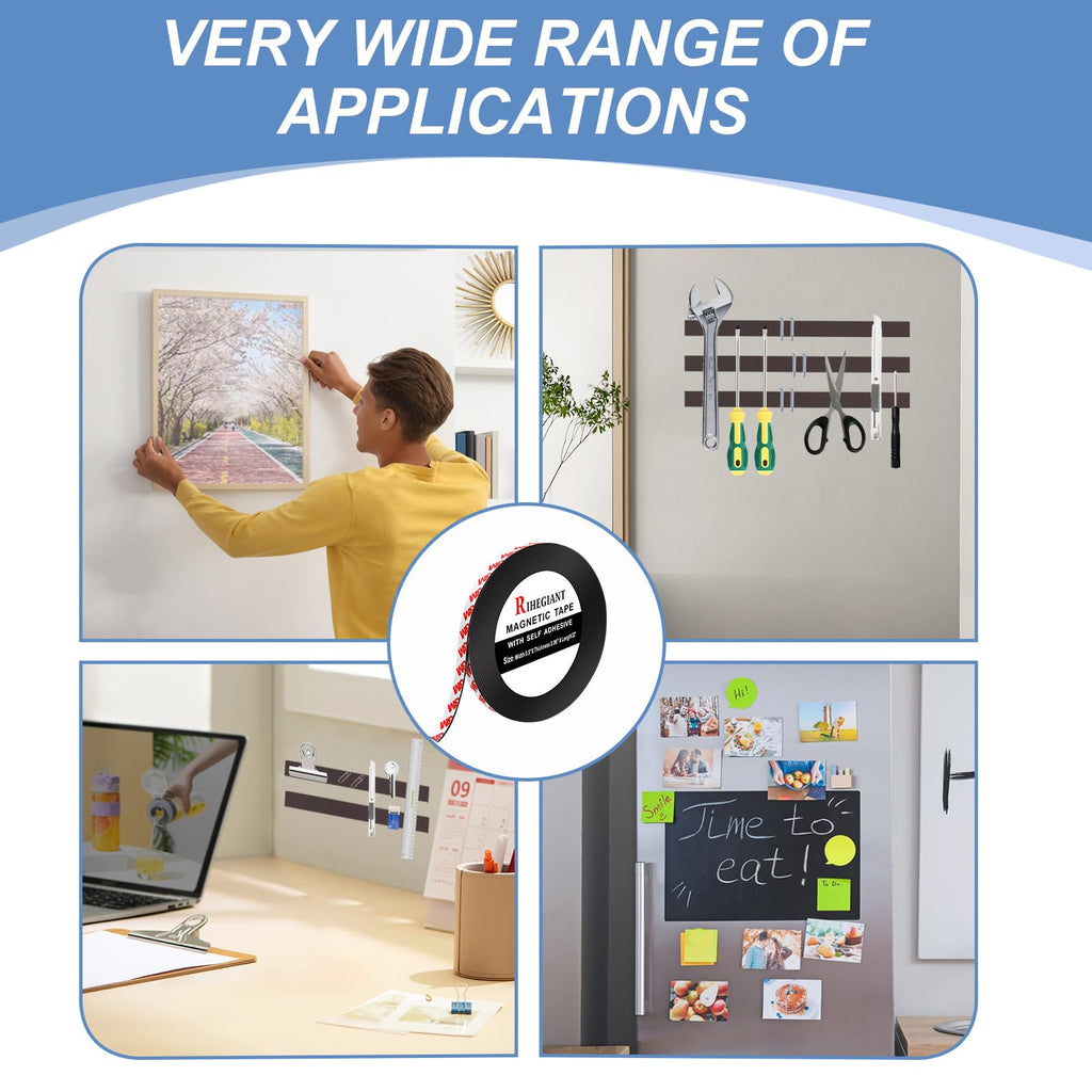 RIHEGIANT 3M Magnetic Strip Rolls - 1" x 16ft Strong Magnet with Adhesive Backing, Multipurpose Flexible Rubber Strips for Kitchen, Office, School, Etc.