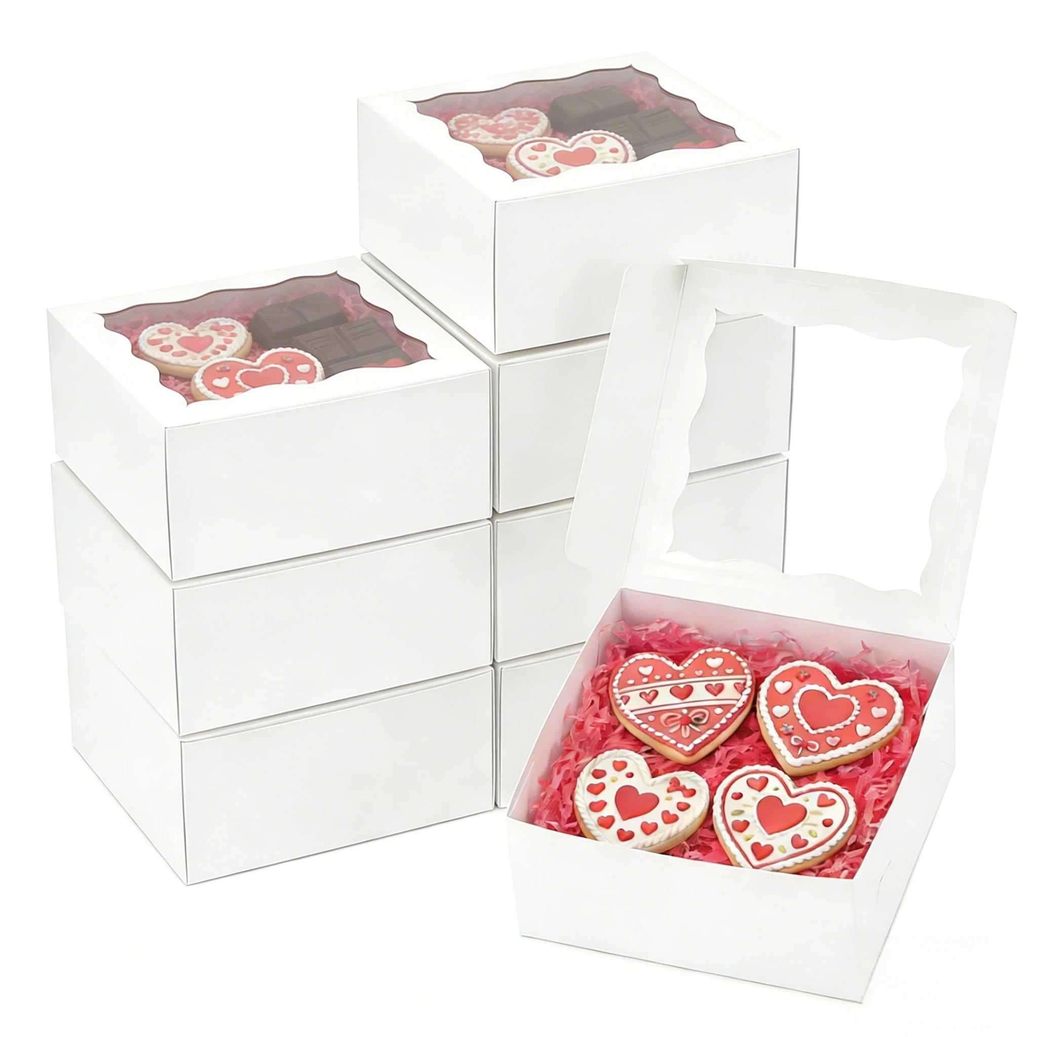 JOHOPACK 50 Pack 5x5x2.5 Inch Bakery Boxes, Cookie Boxes with Window Treat Boxes Chocolate Covered Strawberries Boxes for Macaroon Dessert Cupcake Pastry Muffins
