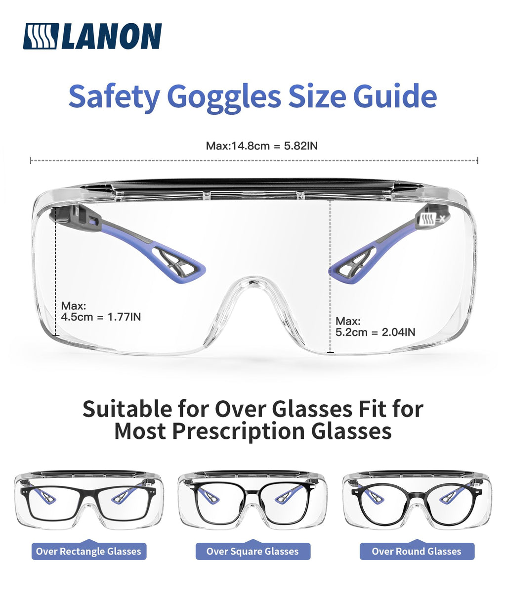 LANON Safety Glasses Over Glasses,ANSI Z87.1 Lenses with Anti-Fog & Scratch,Side Protection, High Transmission, Adjustable Protective Eyewear Goggles