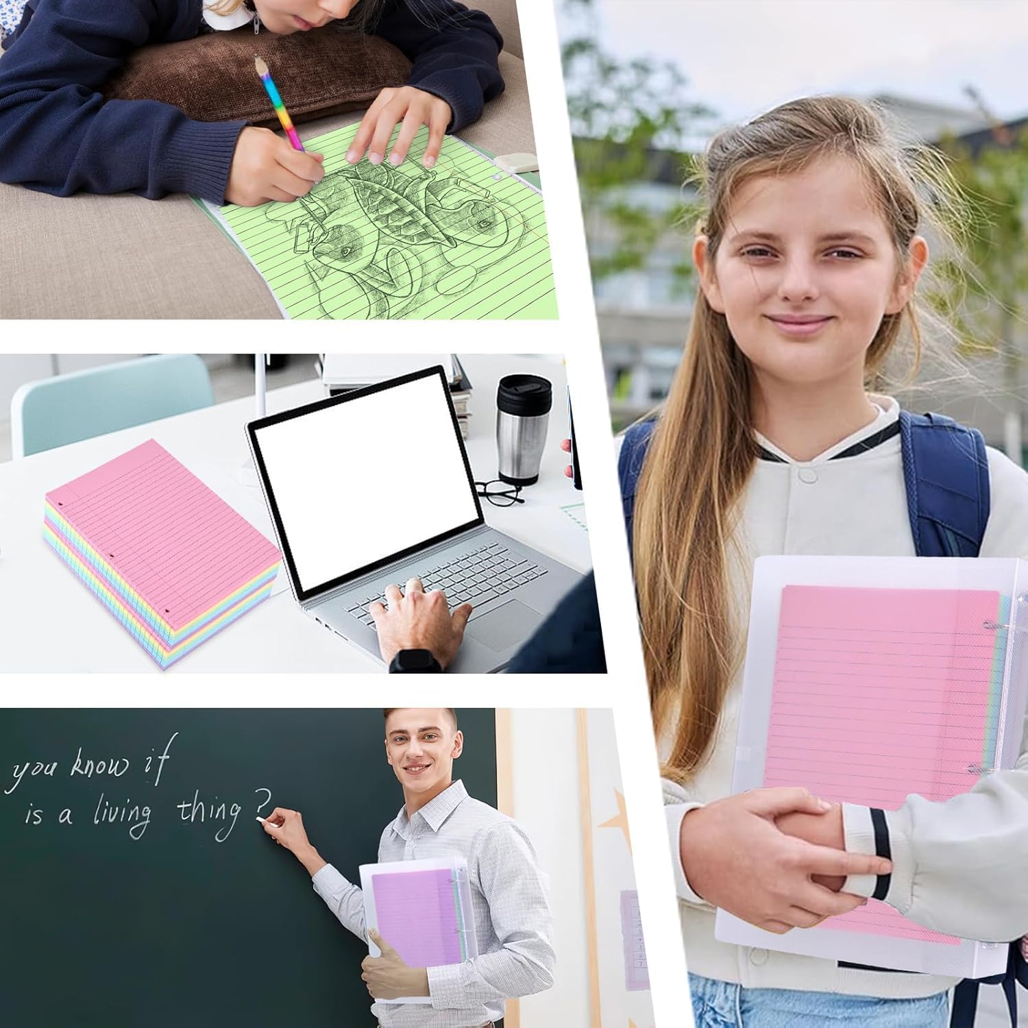 Koogel 500 Sheets Colored Filler Paper, 5 Colors 8 x 10-1/2 Inch Wide Ruled, 3-Hole Punched, Loose Leaf Notebook Paper for 3 Ring Binders, for Students & Office, School Supplies