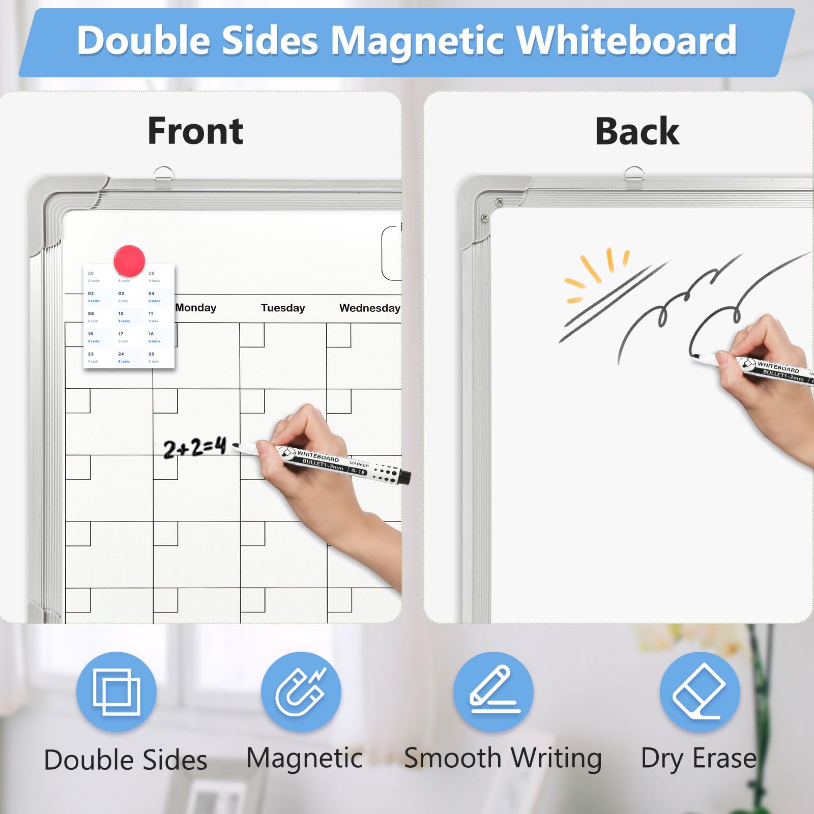 AMUSIGHT Whiteboard Calendar Dry Erase Calendar for Wall, 16" x 12" Small Magnetic Dry Erase Board Hanging Double-Sided, Calendar Whiteboard for Drawing, Kitchen, Planning, Memo, School, Home, Office