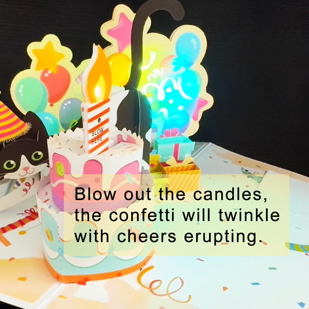 Ribbli Birthday Cards, Cat Pop Up Card with Light and Music, Musical Cat Birthday Card for Men Women, 8.2 x 5.7 Inches with Envelope