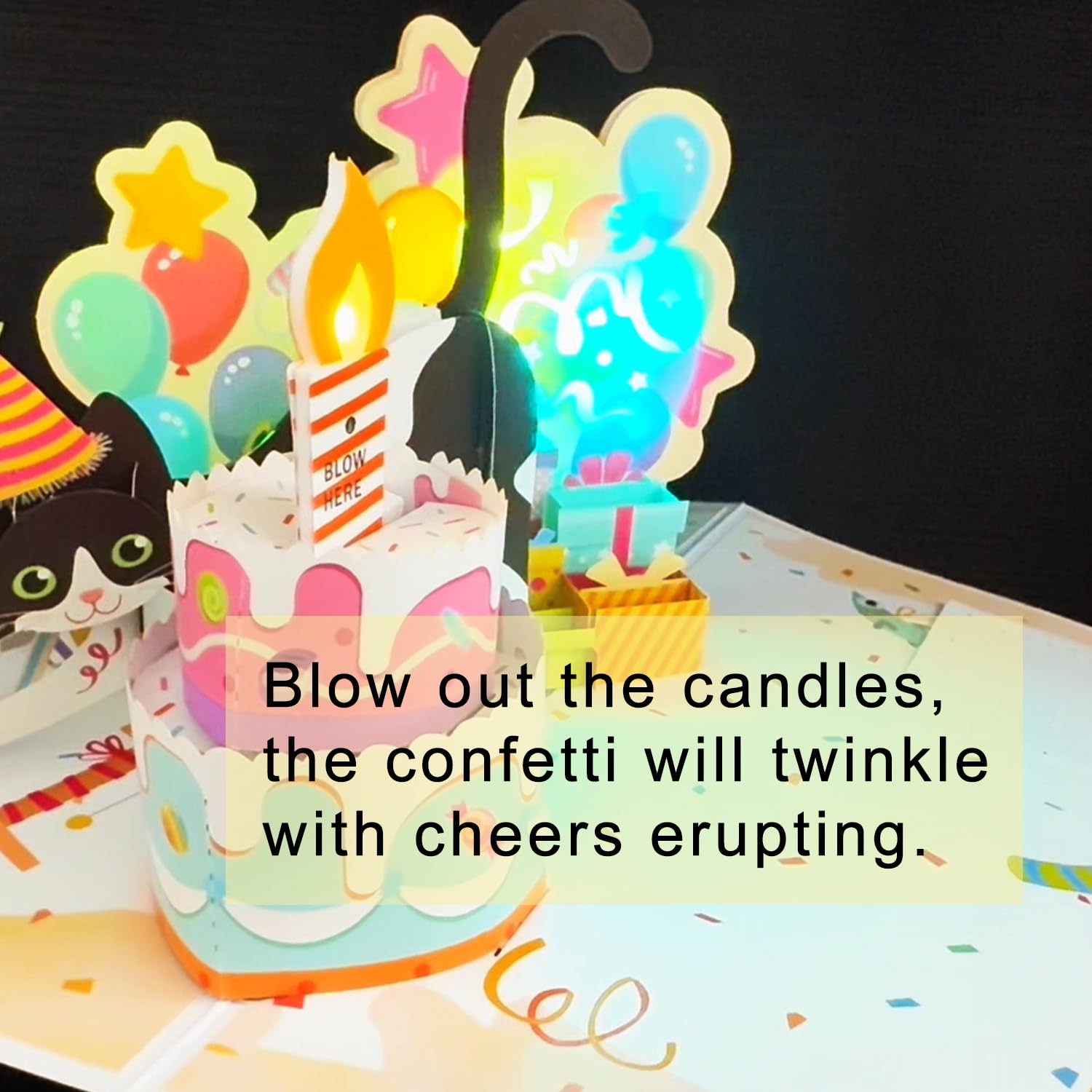 Ribbli Birthday Cards, Cat Pop Up Card with Light and Music, Musical Cat Birthday Card for Men Women, 8.2 x 5.7 Inches with Envelope