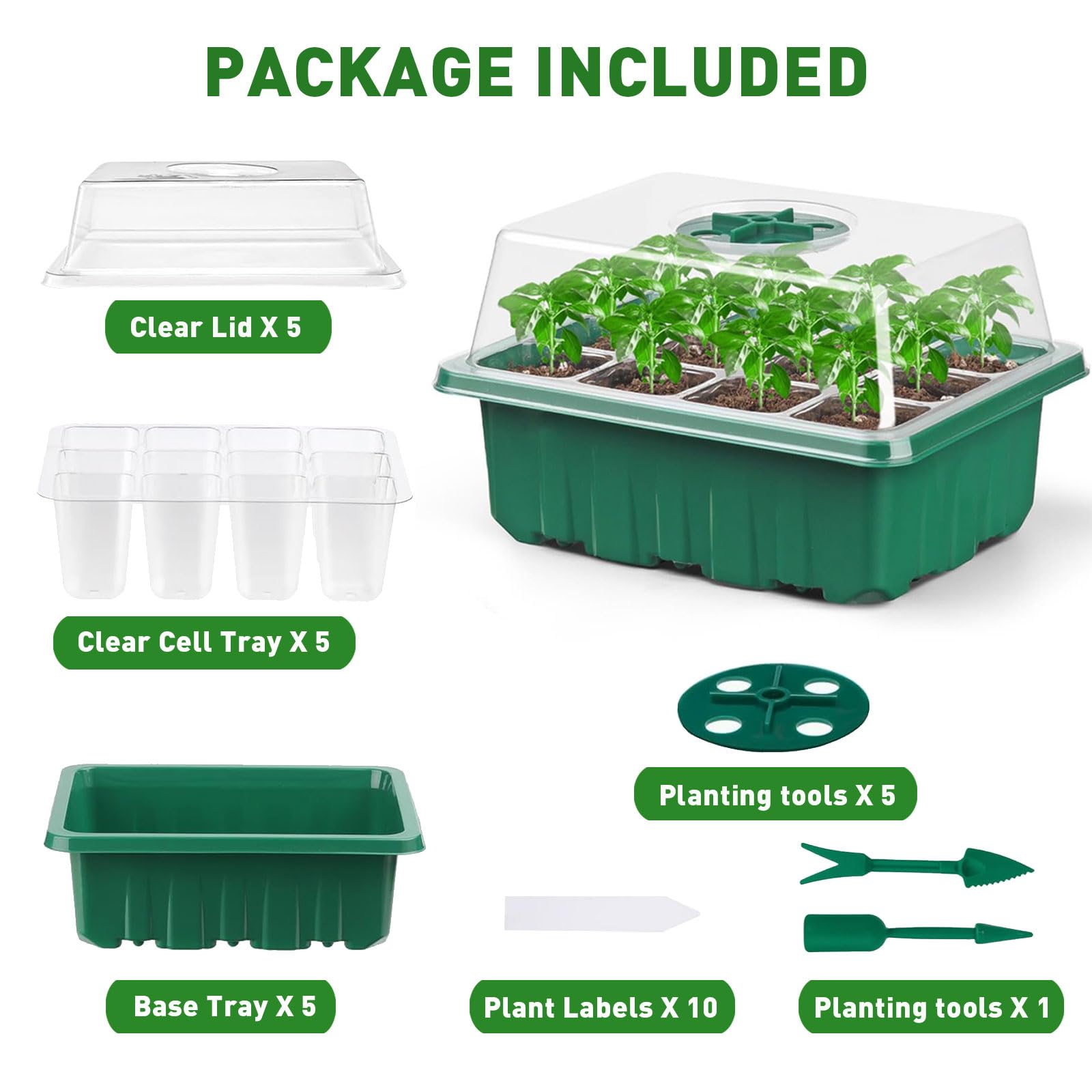 Seed Trays, 5 Pack Plant Seed Starter Tray with Humidity Domes, 60 Cells Total + Planting Tools & Labels, Reusable Indoor Seedling Germination Kit