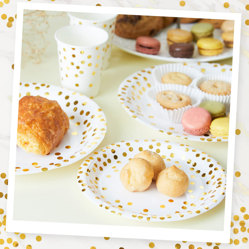 MATICAN 100-Pack Disposable White & Gold Party Plates, 9-Inch with Foil Polka Dots