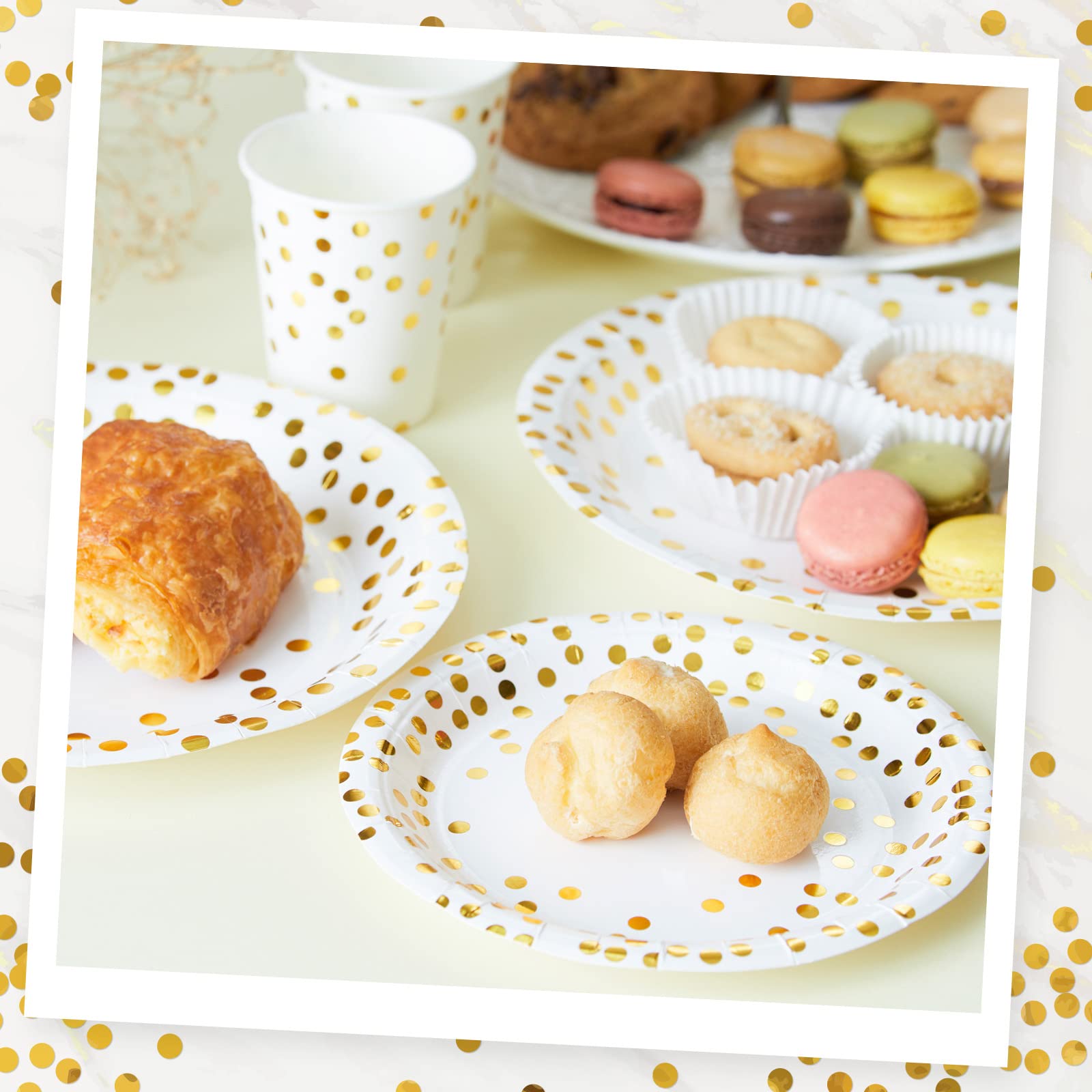 MATICAN 100-Pack Disposable White & Gold Party Plates, 9-Inch with Foil Polka Dots