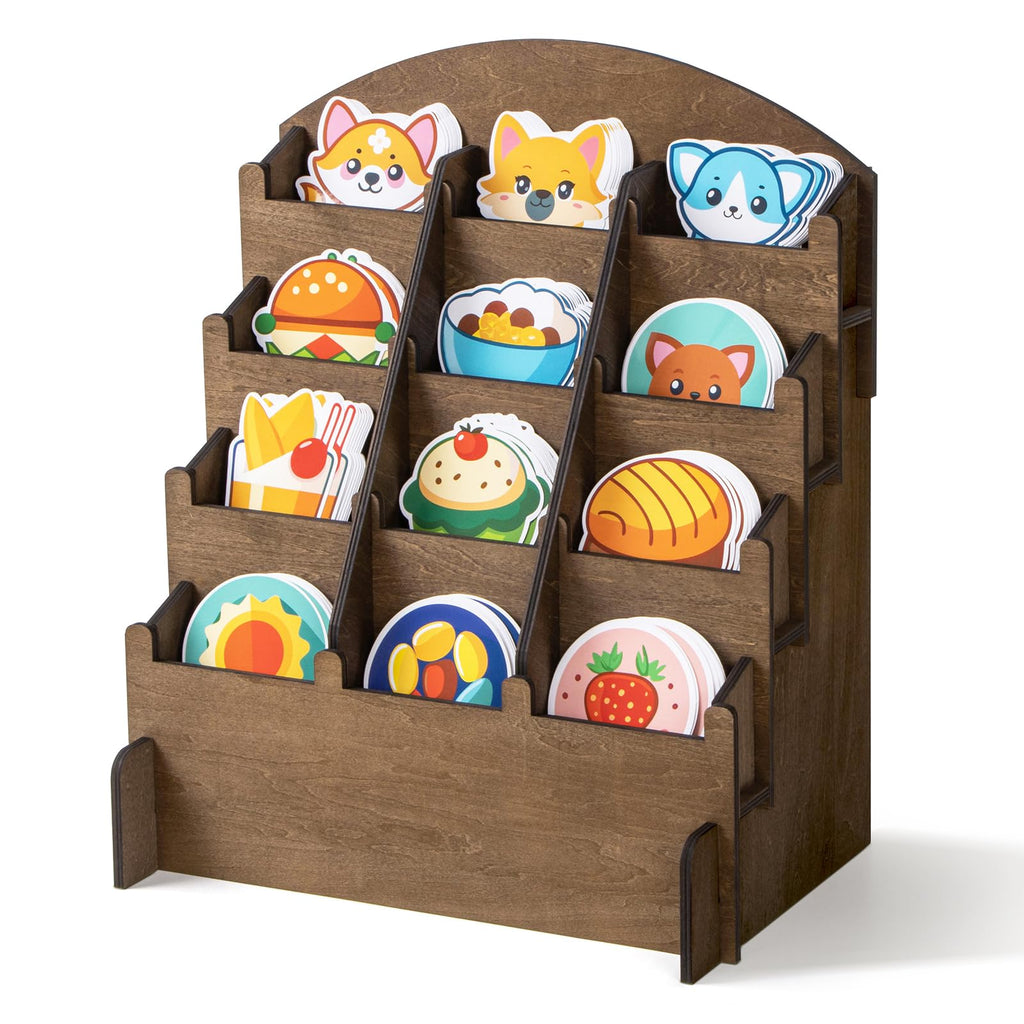 Wooden Sticker Display Stand, Sticker Holder Display Organizer with 12 Pockets for Greeting Card, Postcard, Coaster, Bookmark, Brochure, Vendors, Retail, Brown