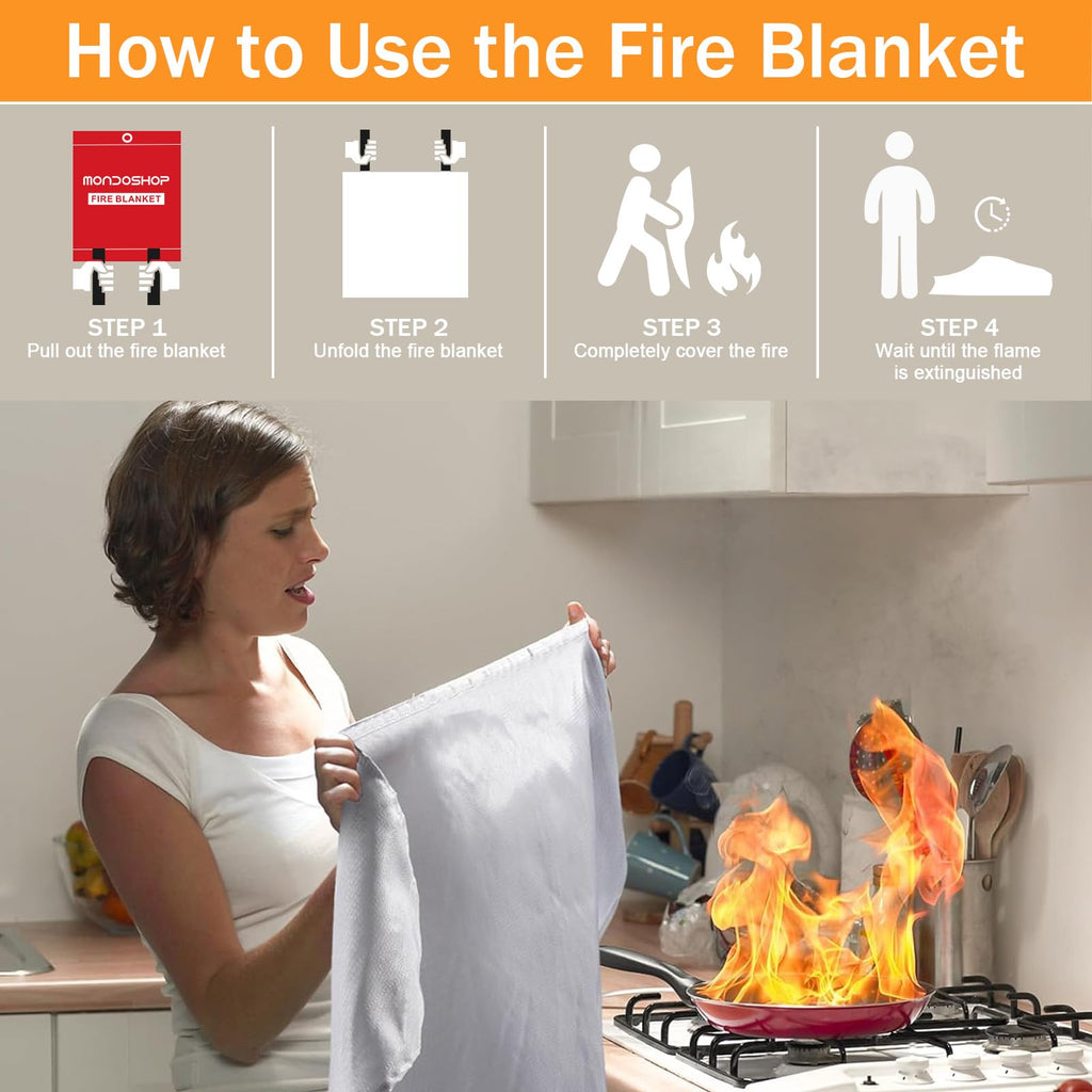 Fire Blanket for Home Kitchen Emergency - Mondoshop Fire Suppression Blanket Fireproof Blanket Fire Retardant Blankets for Car, Fireplace, Camping, Picnic, Grill (4)