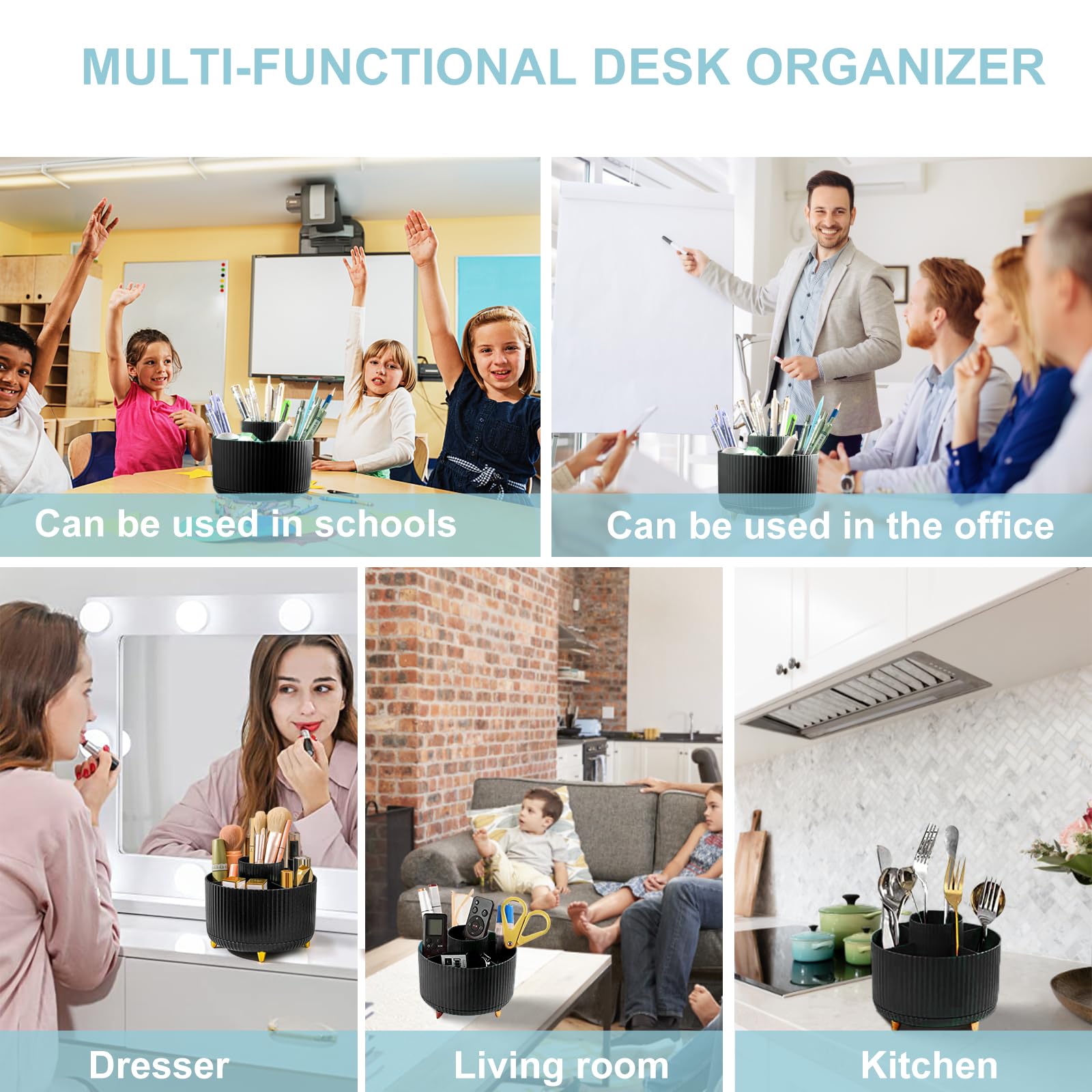 Cayxenful Pencil Holder For Desk,5 Slots 360°Degree Rotating Desk Organizers And Accessories,Desktop Storage Stationery Supplies Organizer, Cute Pencil Cup Pot For Office, School, Home (H-Black)