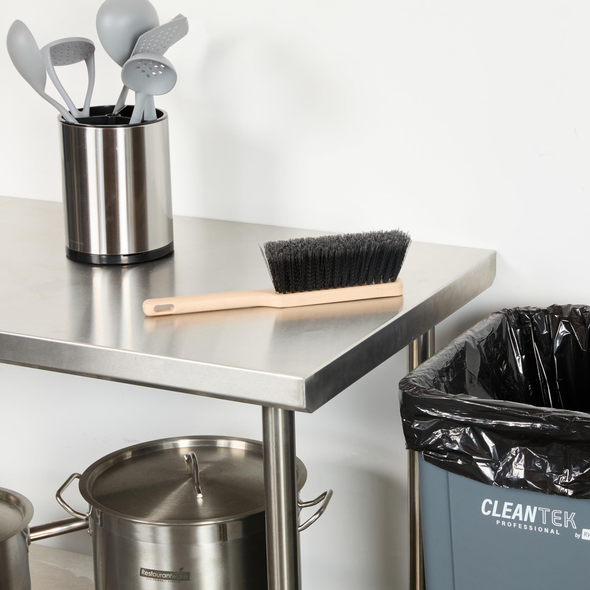 Restaurantware-Clean Tek Professional 13.78 Inch Counter Brush, 1 Heavy-Duty Hand Broom Brush - Flagged Bristles, Ergonomic Handle, Beige Plastic Cleaning Scrub, for Sweeping, Dusting, Woodworking