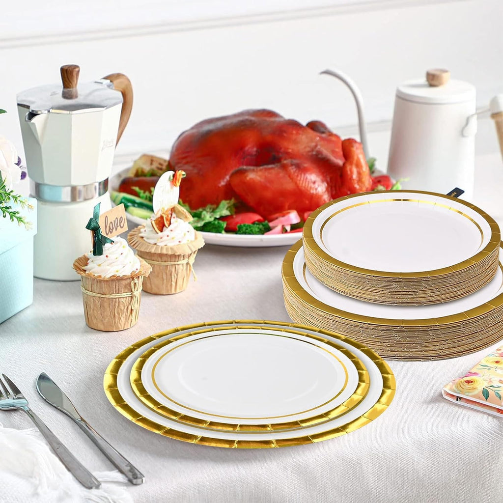 100 Pieces 7 Inches Disposable Paper Plates, Elegant Gold Rimmed Paper Plates Bulk, Round Party Plates for Wedding Birthday Baby Shower Graduction BBQ Picnic Holiday Decorations