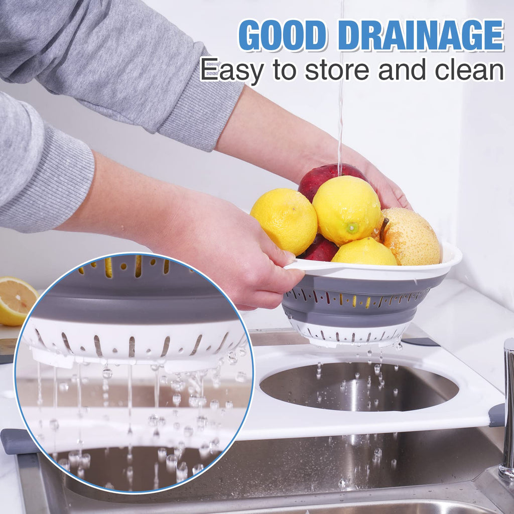 NiHome Over the Sink Cutting Board with Collapsible Colander, 2-In-1 Sink Drainer Board 11"x17.7" Anti-Slip Cutting Board and Detachable Draining Basket with Ergonomic Handle PP Plastic and TPR Rubber