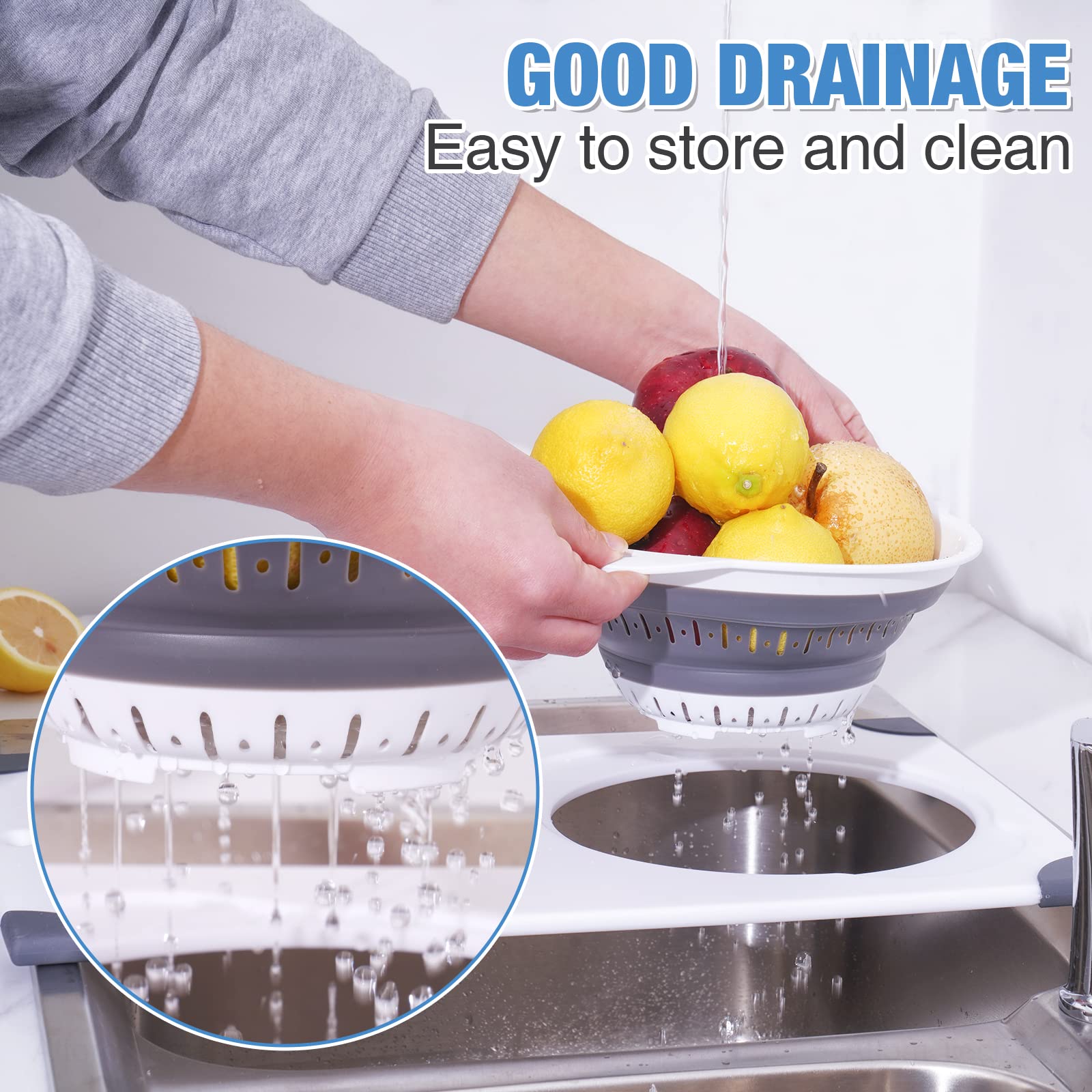 NiHome Over the Sink Cutting Board with Collapsible Colander, 2-In-1 Sink Drainer Board 11"x17.7" Anti-Slip Cutting Board and Detachable Draining Basket with Ergonomic Handle PP Plastic and TPR Rubber