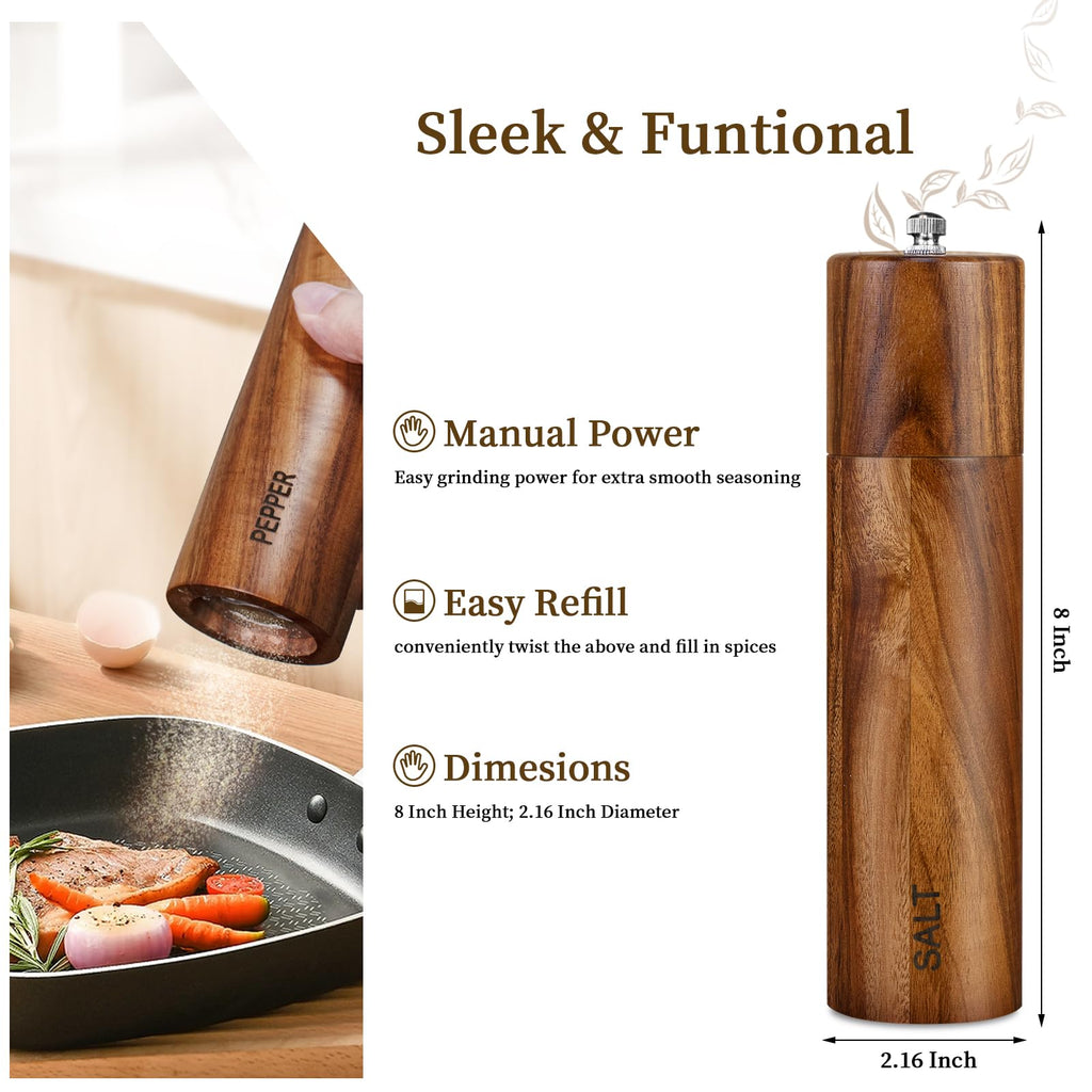 2 Pack Acacia Wooden Salt and Pepper Grinder Set, 8 Inches Refillable Salt and Pepper Mills with Adjustable Coarseness & Ceramic Core, Wood Peppercorn Shaker Salt Grinders Tableware Birthday Gifts