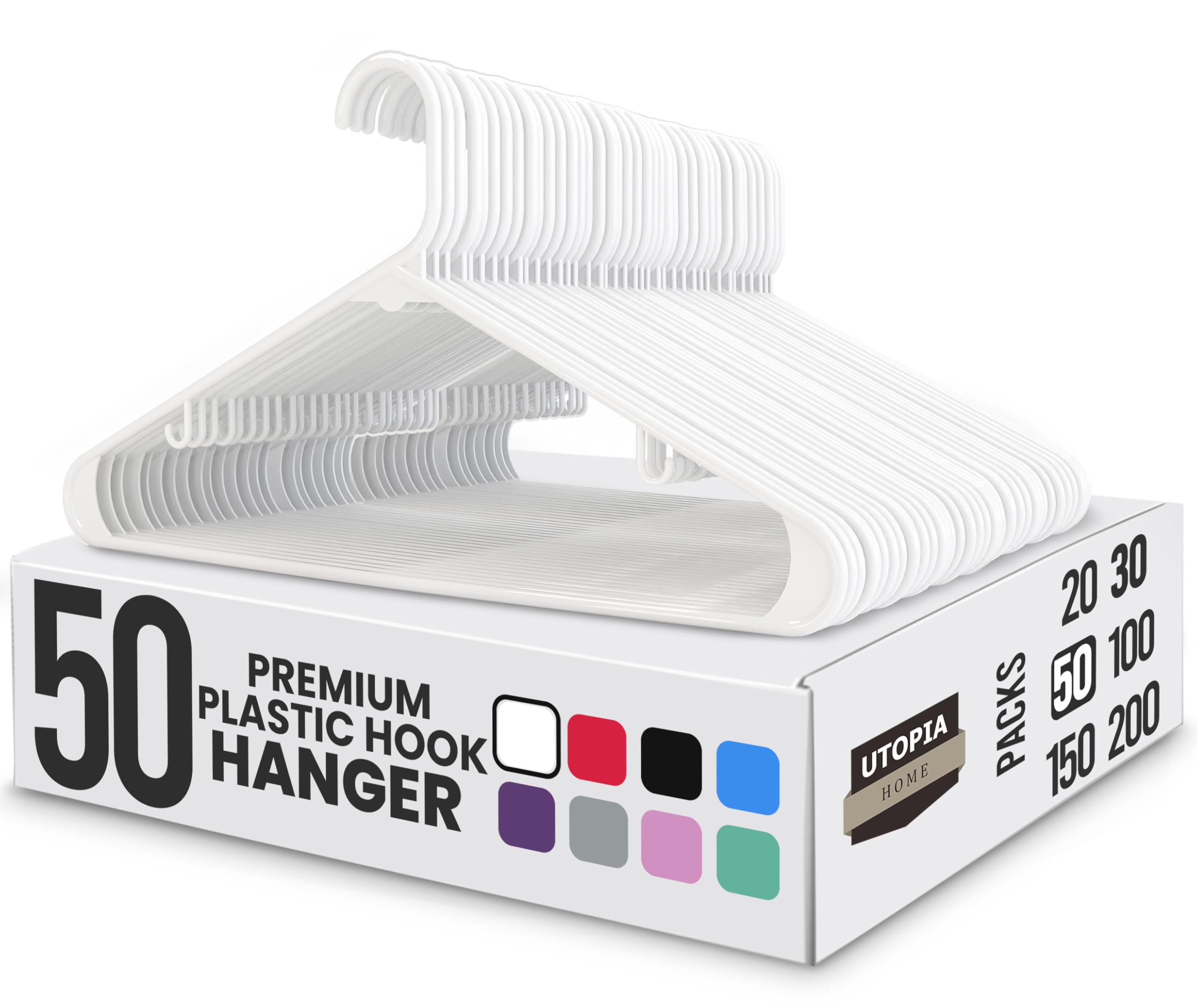 Utopia Home Plastic Hanger, 50 Pack, White Clothes Hangers with Hooks, Durable Heavy Duty Coat Hangers for Shirts, Pants, Skirts, Jackets, Blouses, Dresses, and Everyday Closet Organization