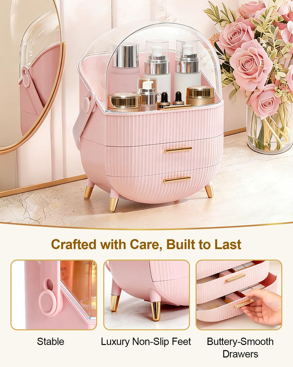 Makeup Skincare Organizer and Storage for Bathroom Vanity Countertop, Portable Travel Cosmetic Display Cases with Lid and Drawers, Gift for Women and Girls -Pink