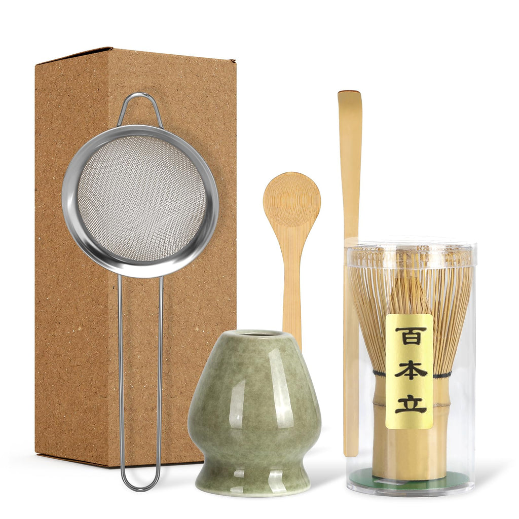 Matcha Whisk Set, 5 Pieces with Bamboo Matcha Whisk, Ceramic Chasen Holder, Powder Starter Sifter, Bamboo Scoop, Spoon, Matcha Tea Making Tools for Starter Matcha Lovers
