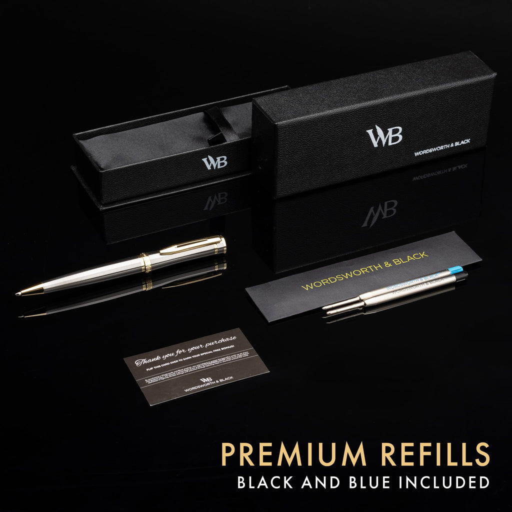 Wordsworth and Black Luxury Ballpoint Pen Set - Silver Lacquer 24K Gold Finish, Refillable Fine Point, Elegant Gift for Men & Women, Includes Ink Refill, Nice Pens for Work