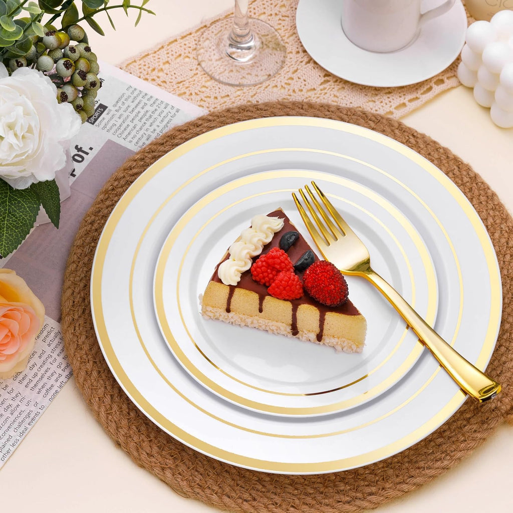 Goodluck 50PCS Gold Plastic Plates, 10.25 Inch Disposable Dinner Plate Party with Gold Rim, Heavy Duty Disposable Plastic Plates for Party, Wedding and Birthday