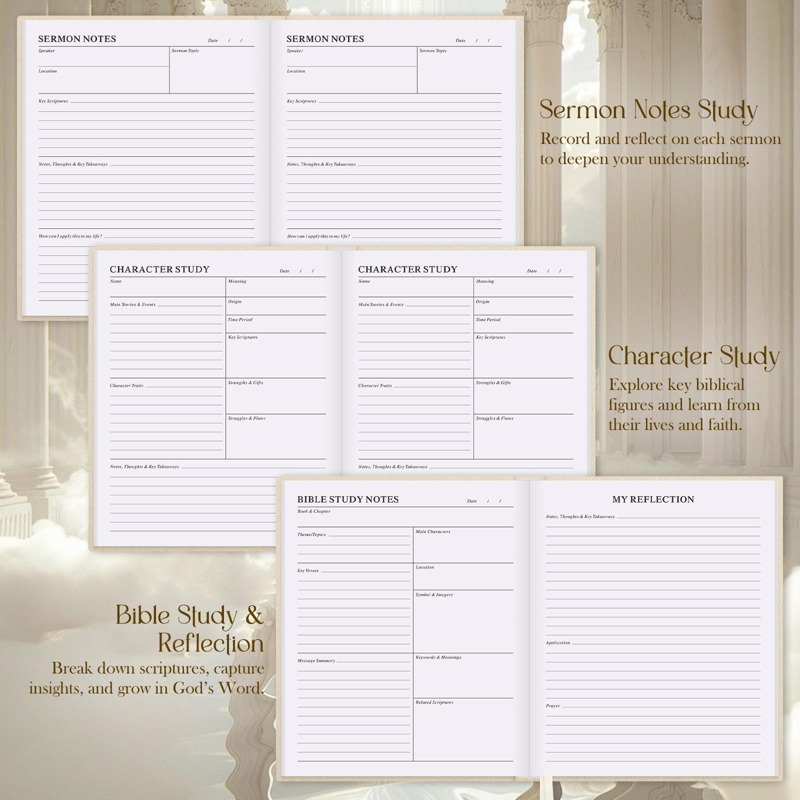 Lanpn Bible Study Guide Journals for Women with Tabs & Highlighters, Church Notes Taking Daily Devotional Journaling, Linen Bible Prayer Notebook Christian Religious Faith Based Gifts, Beige