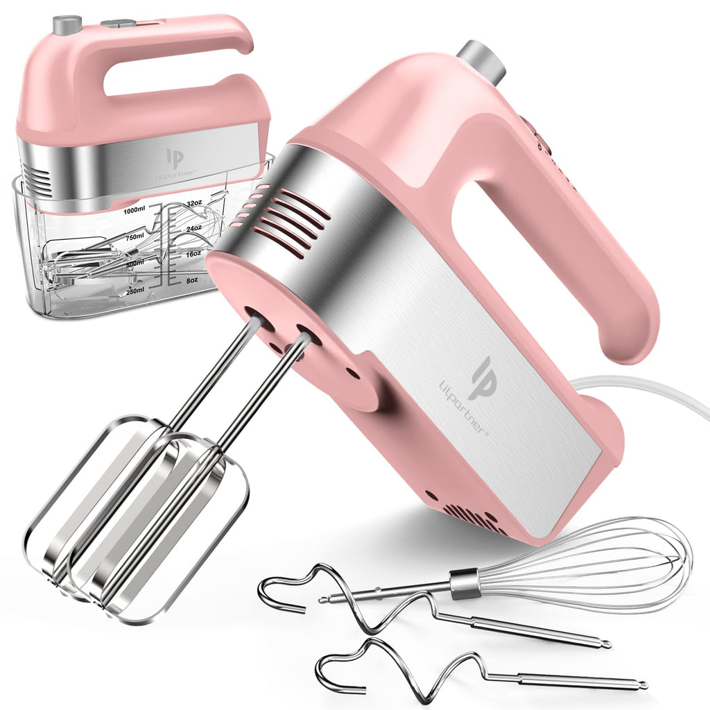 Hand Mixer Electric, 450W Kitchen Mixers with Scale Cup Storage Case, Turbo Boost/Self-Control Speed + 5 Speed + Eject Button + 5 Stainless Steel Accessories, For Easy Whipping Dough,Cream,Cake